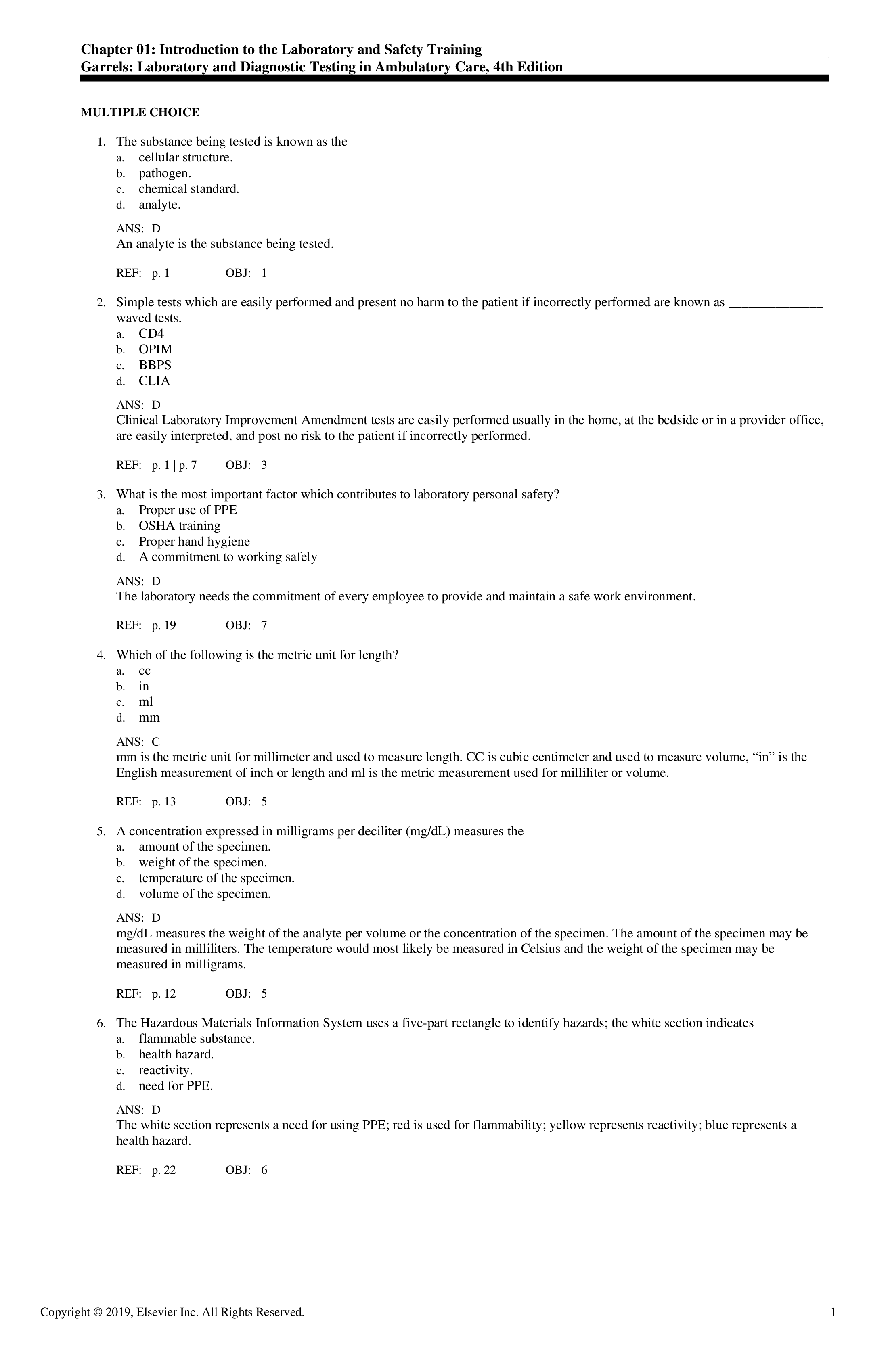 Test Bank for Laboratory and Diagnostic Testing in Ambulatory Care 4th Edition by Garrels