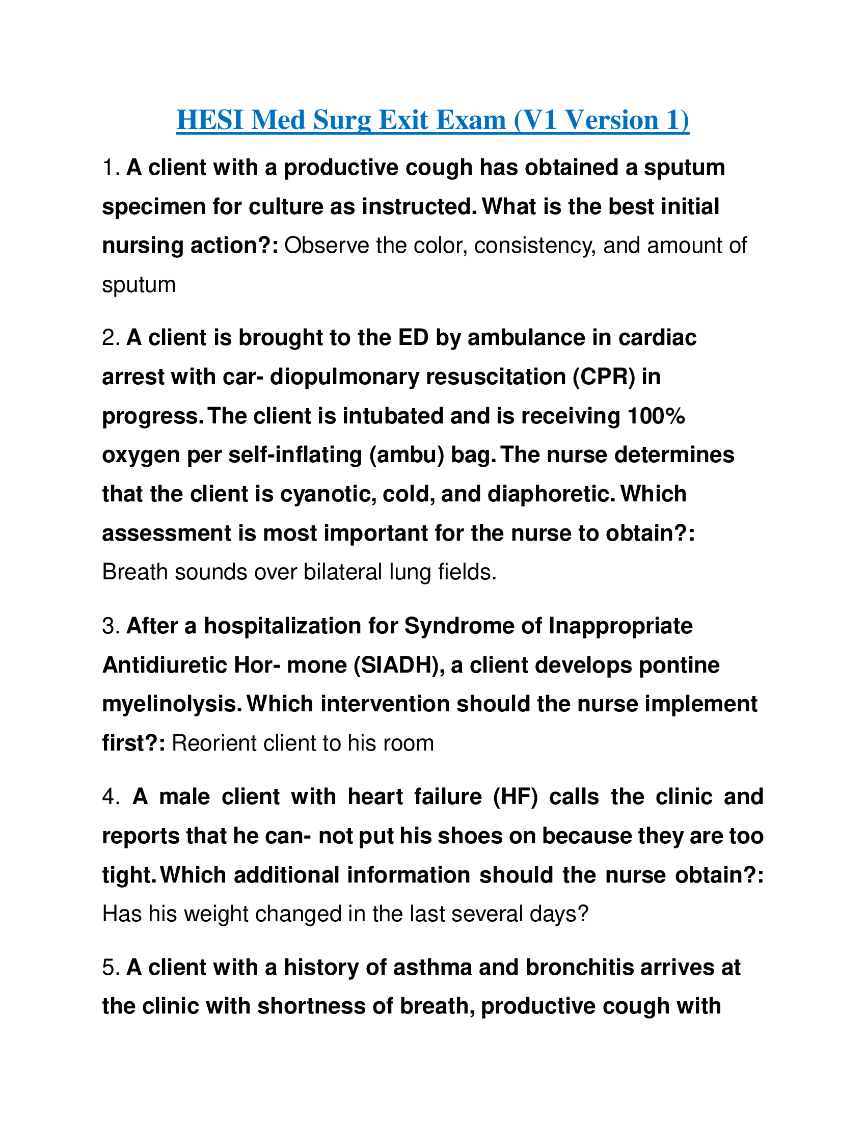 HESI Med Surg Exit Exam (V1 Version 1) 2020