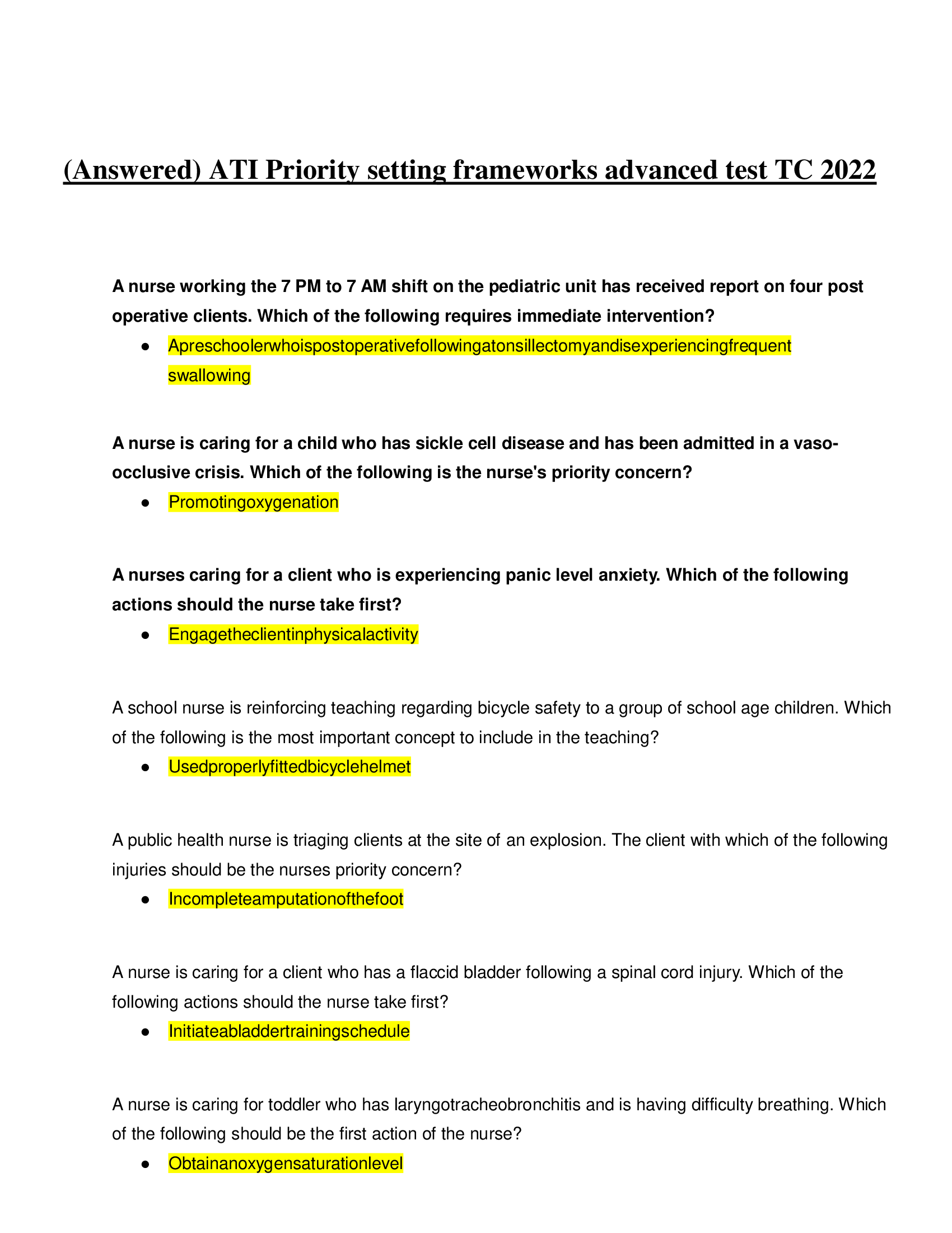 ATI Priority setting frameworks advanced test TC 2022 (Answered)
