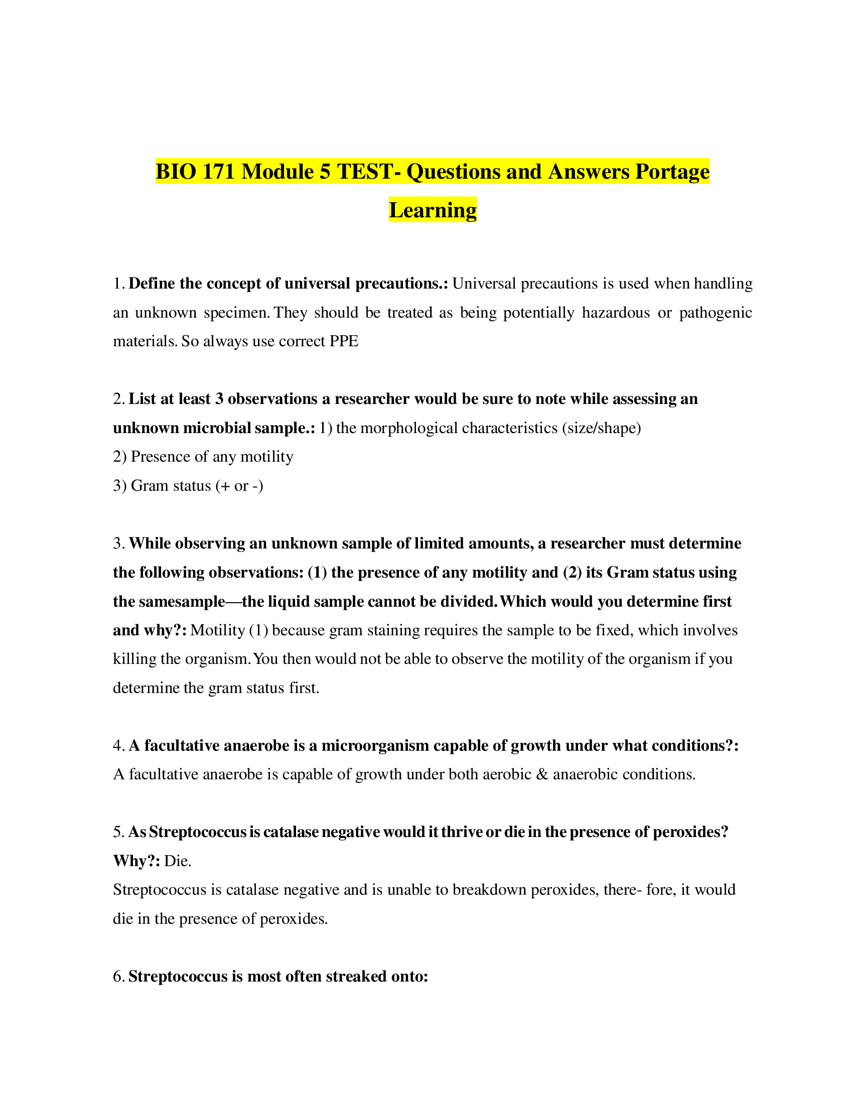 BIO 171 Module 5 TEST, Questions and Answers Portage Learning