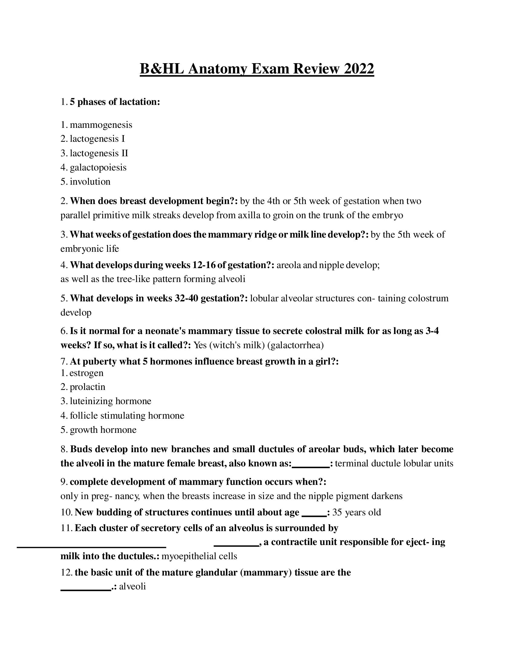 B&HL Anatomy Exam Review 2022