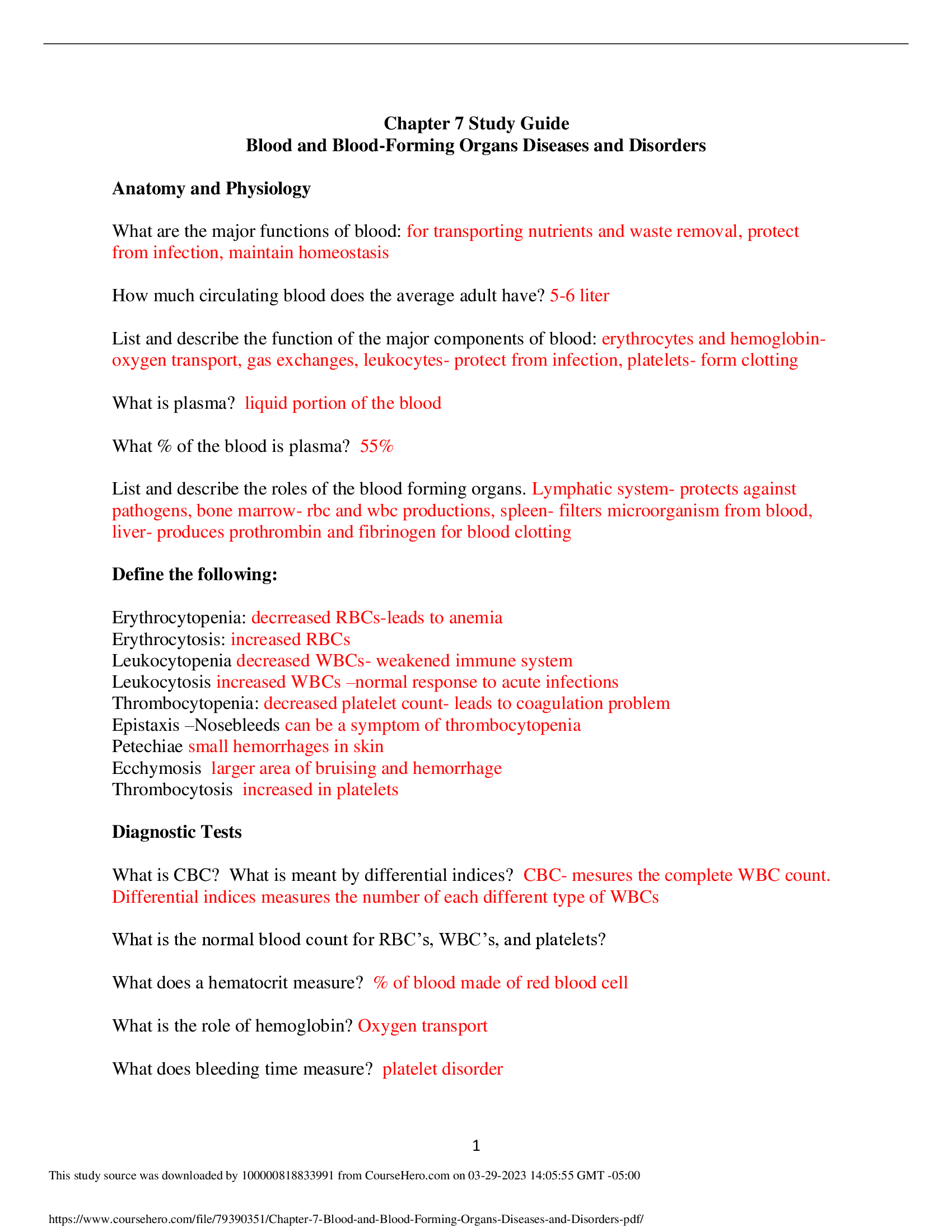 Study Guide Blood and Blood-Forming Organs Diseases and Disorders Anatomy and Physiology