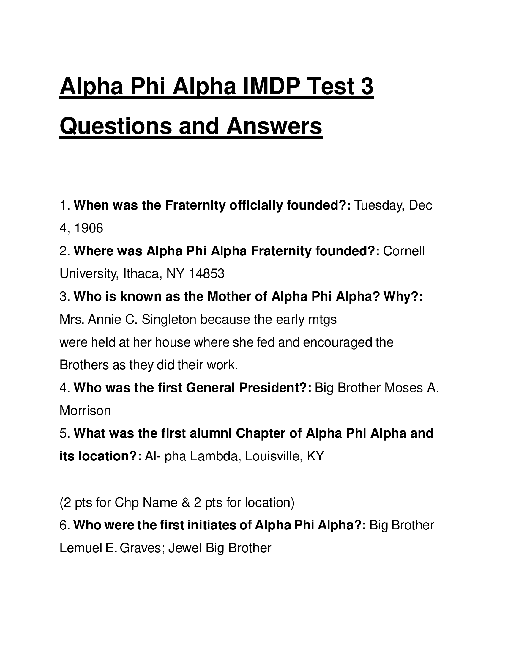 Alpha Phi Alpha IMDP Test 3 Questions and Answers