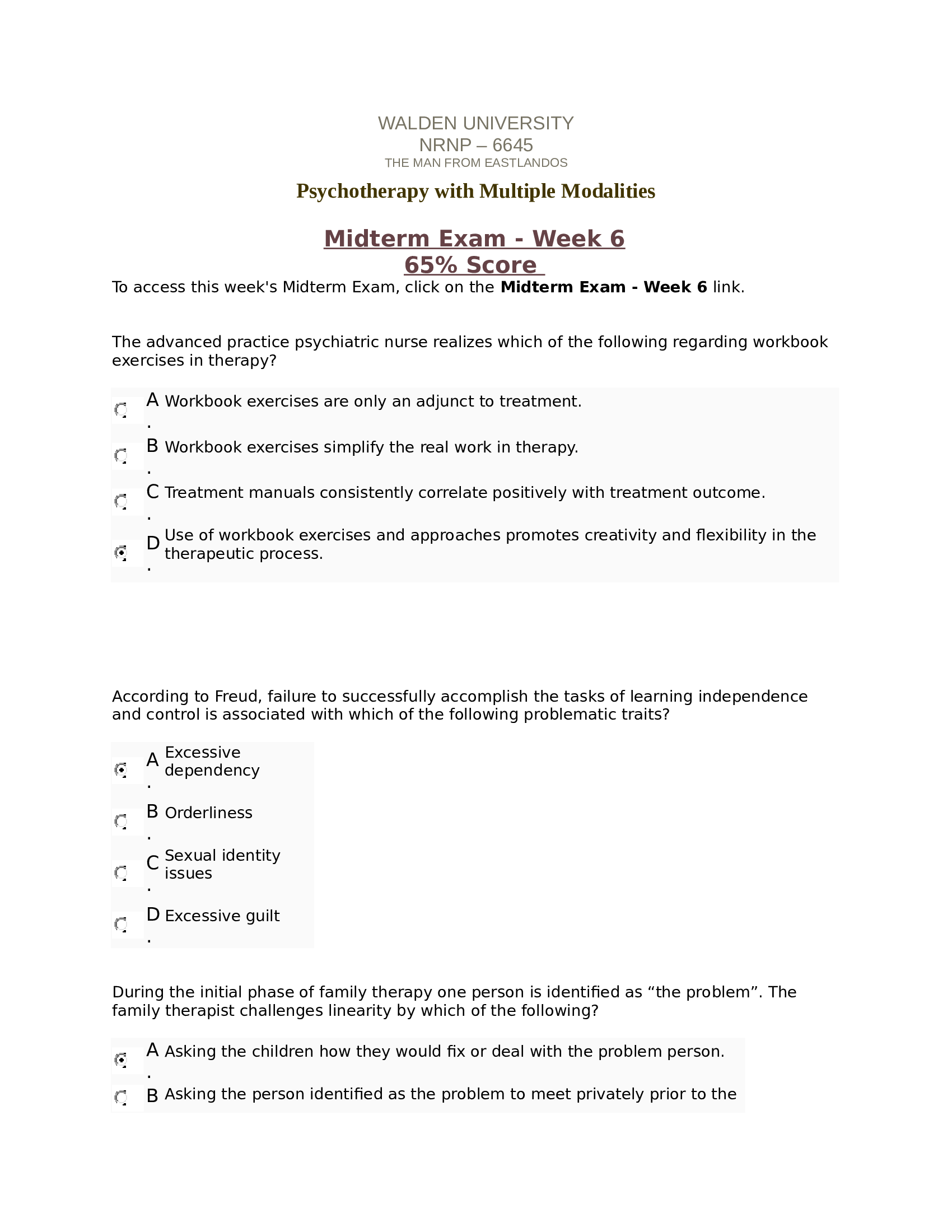 NRNP 6645 Psychotherapy with Multiple Modalities Midterm Exam - Week 6