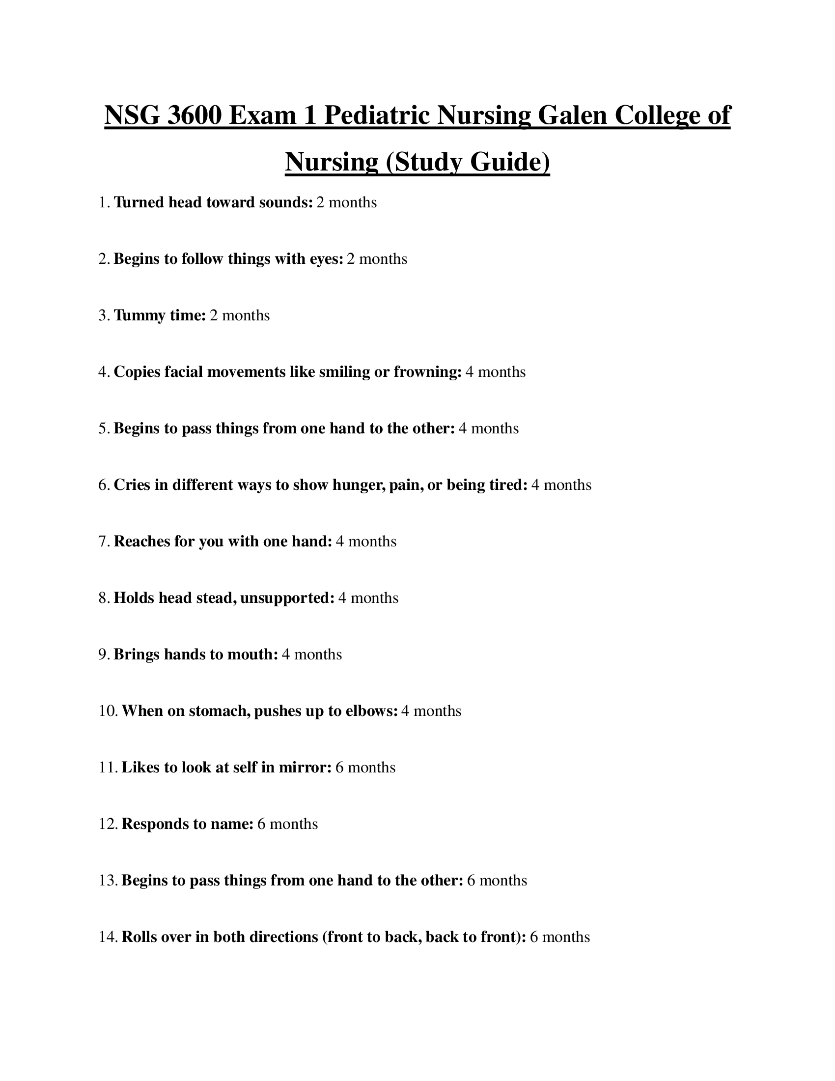 NSG 3600 Exam 1 Pediatric Nursing Galen College of Nursing (Study Guide)