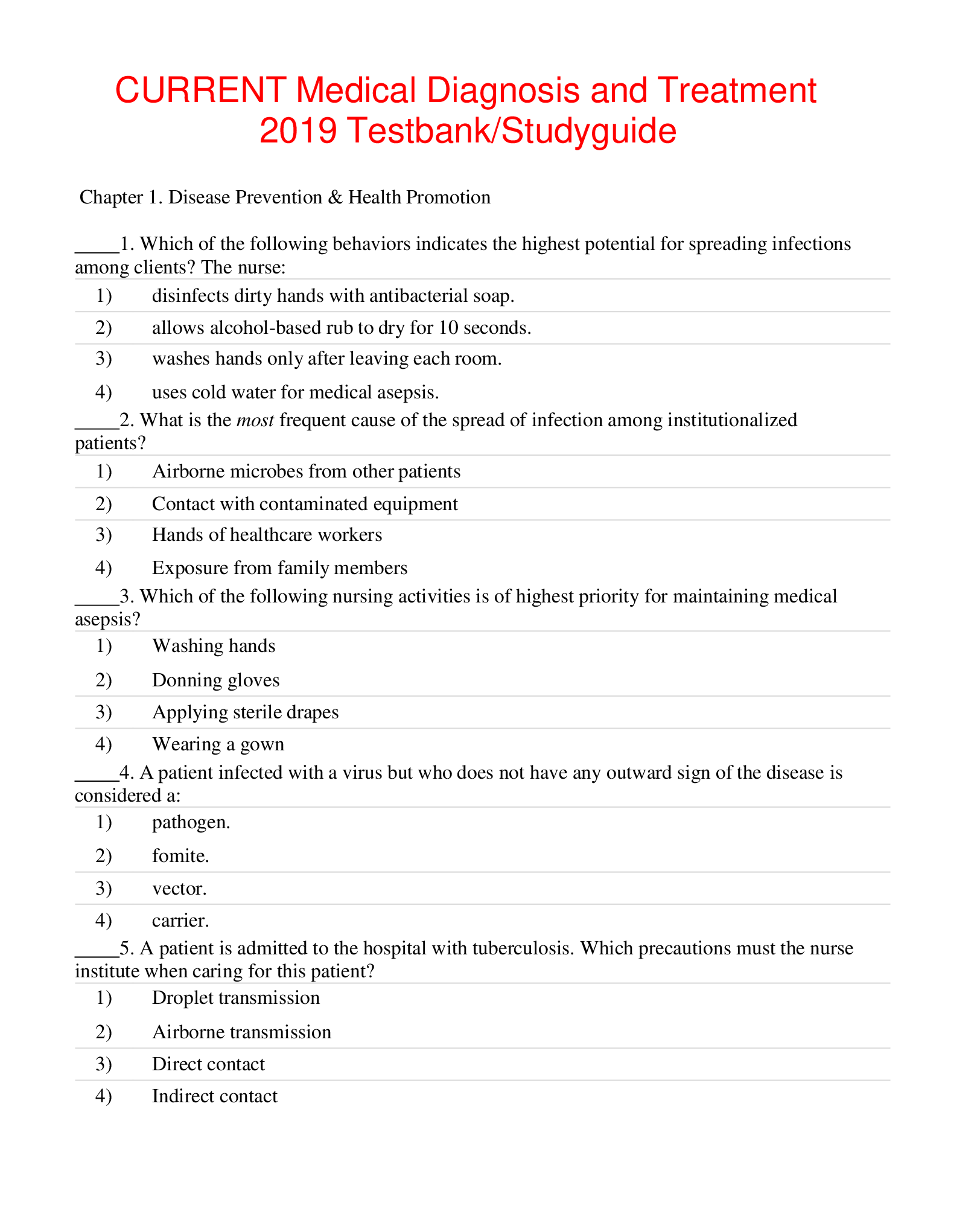 CURRENT Medical Diagnosis and Treatment 2020 Test bank -Study guide