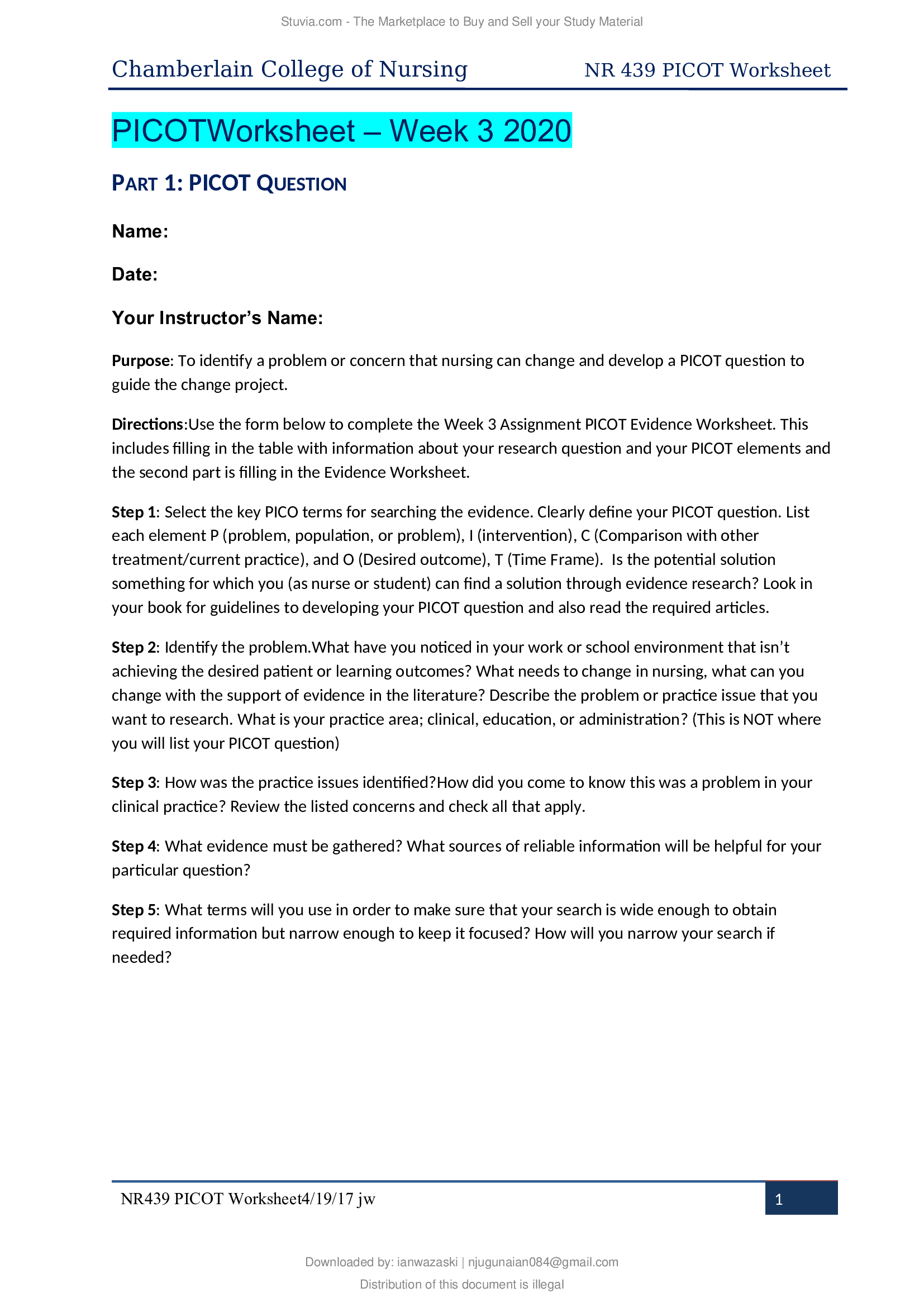 PICOT Worksheet – Week 3 2020