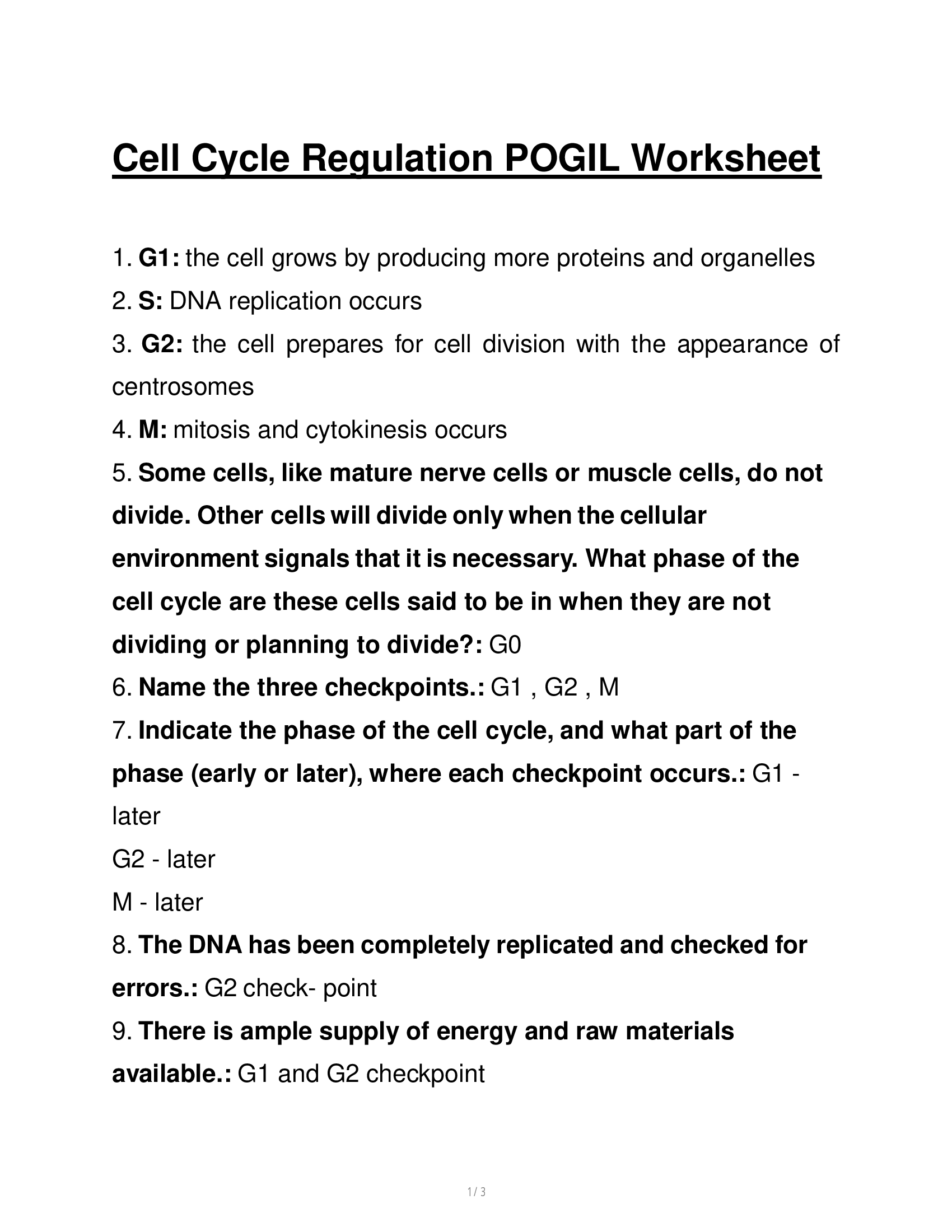 Cell Cycle Regulation POGIL Worksheet