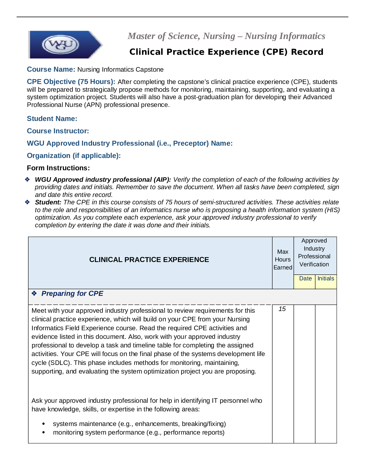 Nursing Informatics Capstone CPE Record Activity Log