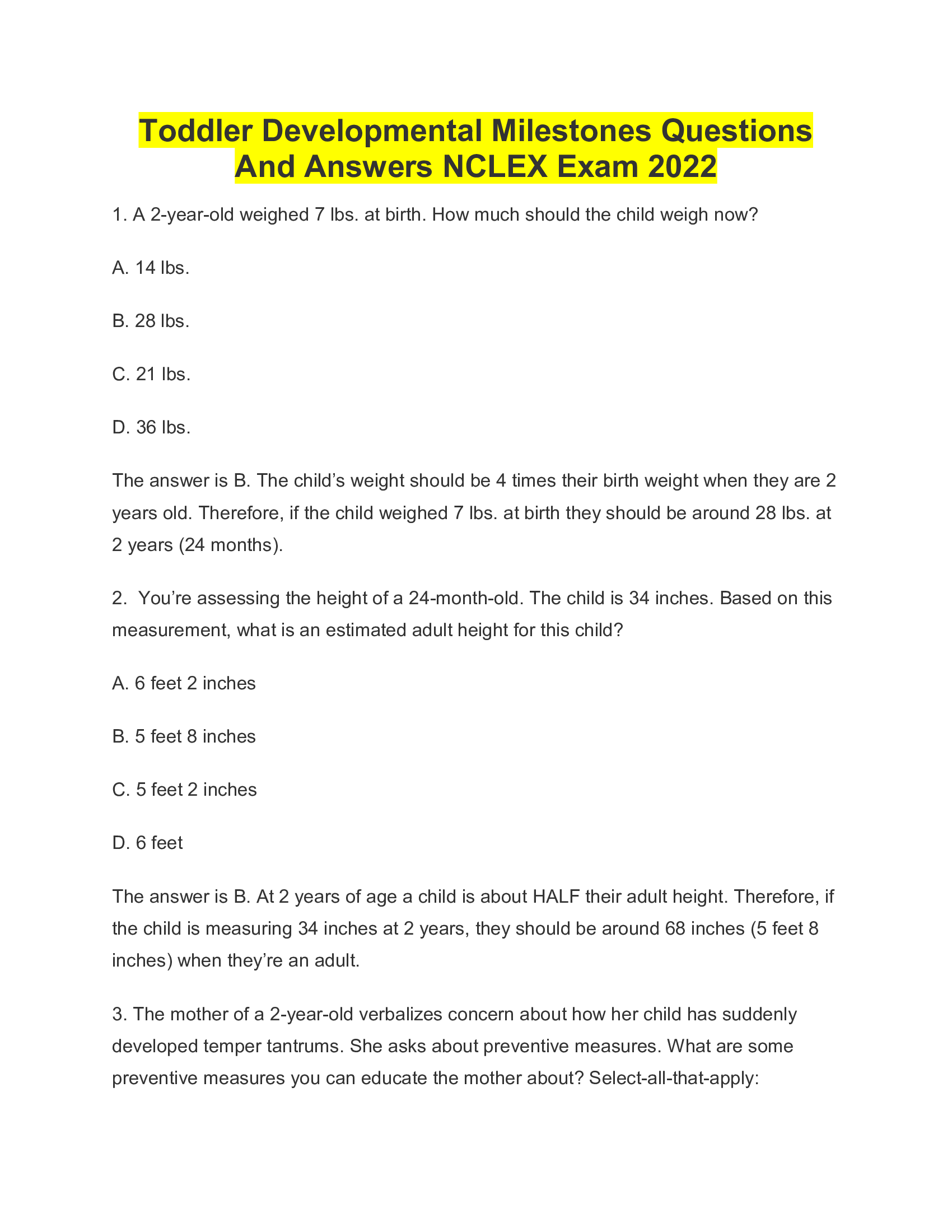 Toddler Developmental Milestones Questions And Answers NCLEX Exam 2022