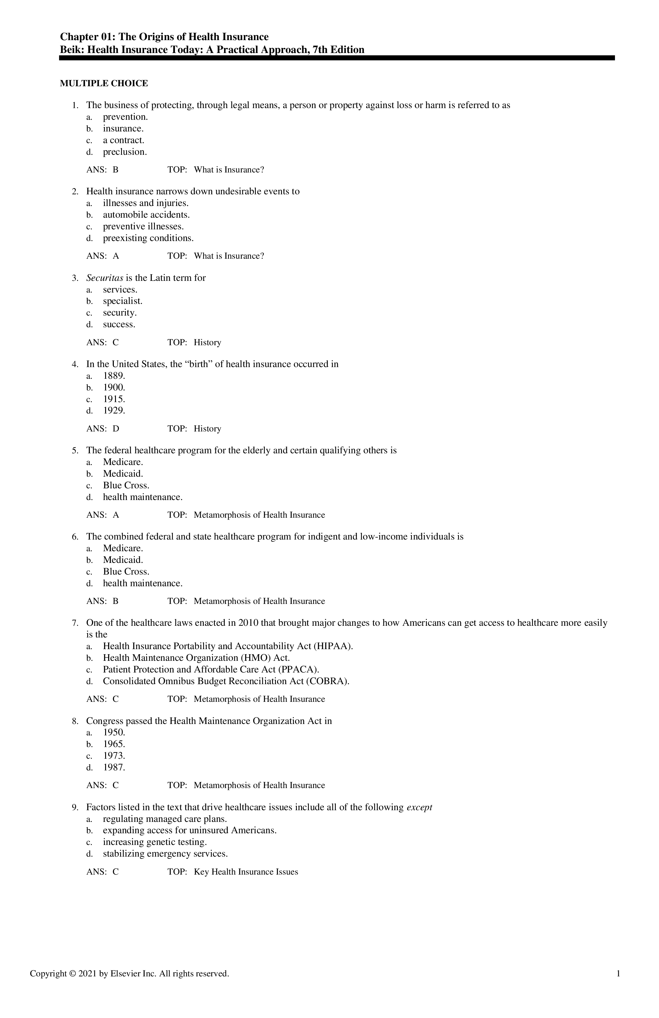 Test Bank for Health Insurance Today 7th Edition by Beik