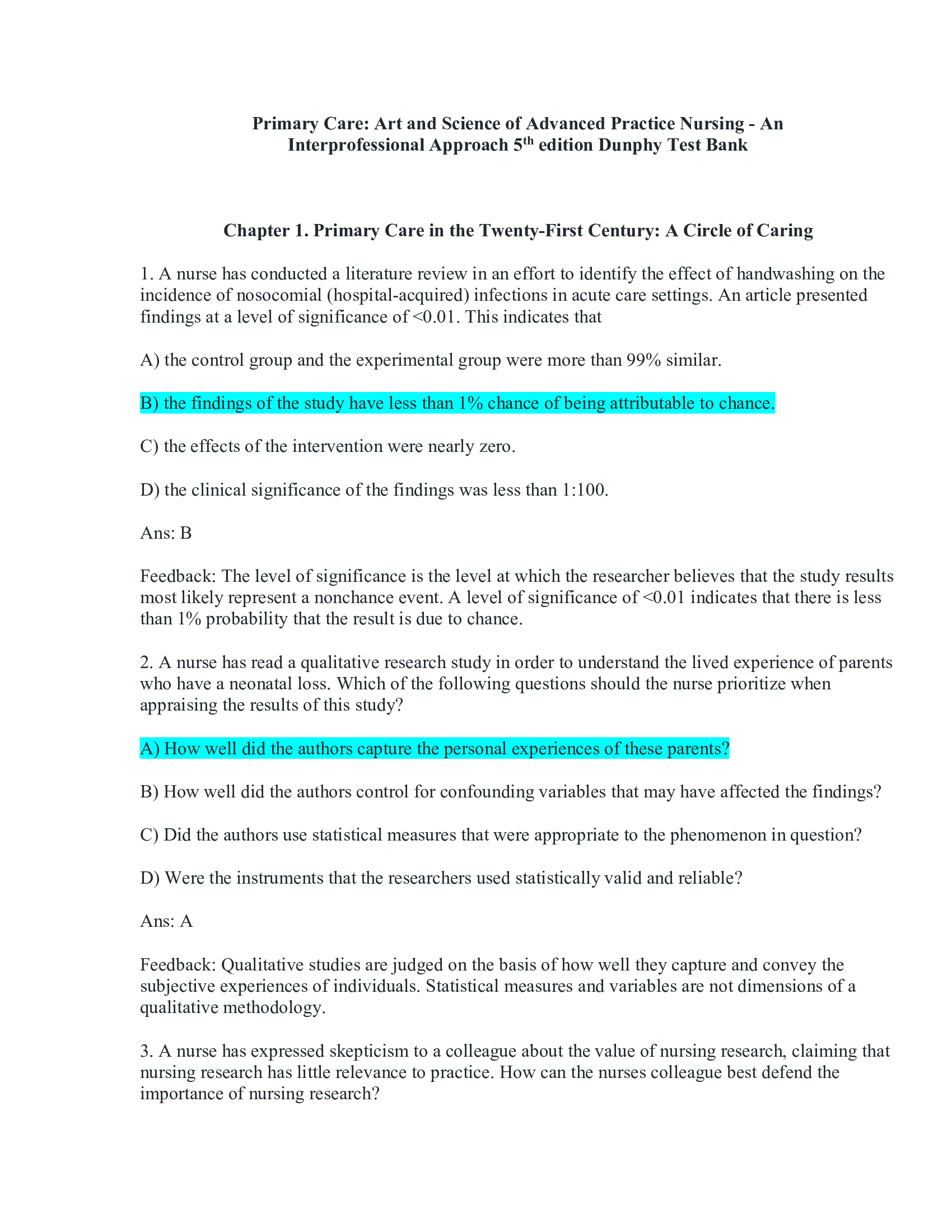 Primary Care Art and Science of Advanced Practice Nursing - An Interprofessional Approach 5th edition Dunphy Test Bank