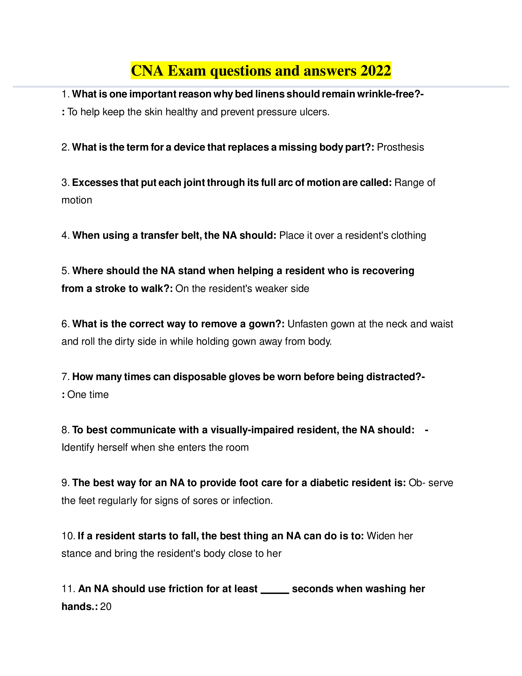 CNA Exam questions and answers 2022