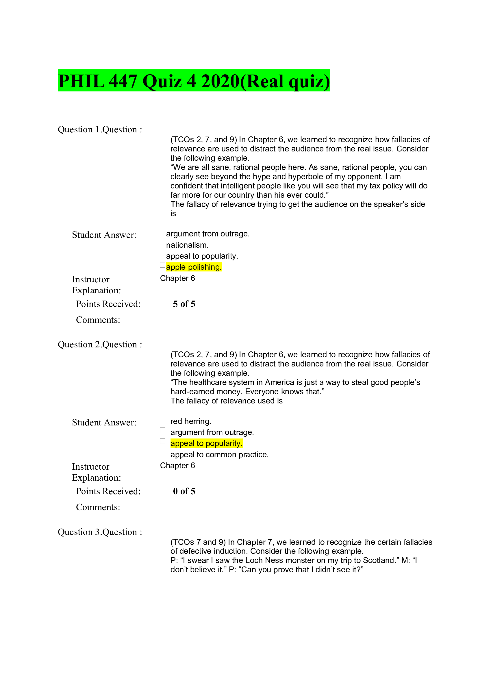 PHIL 447 Quiz 4 2020 (Real quiz)