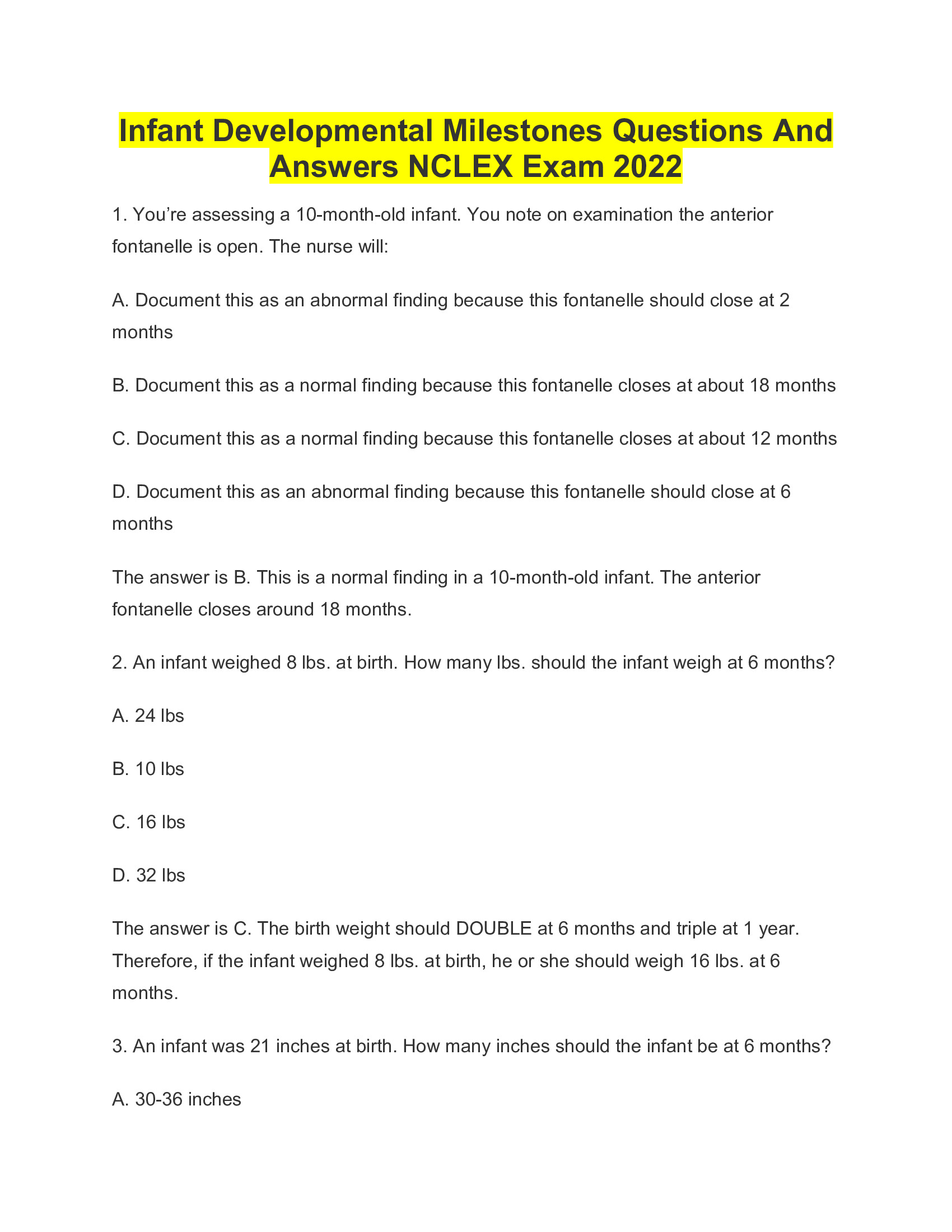 Infant Developmental Milestones Questions And Answers NCLEX Exam 2022
