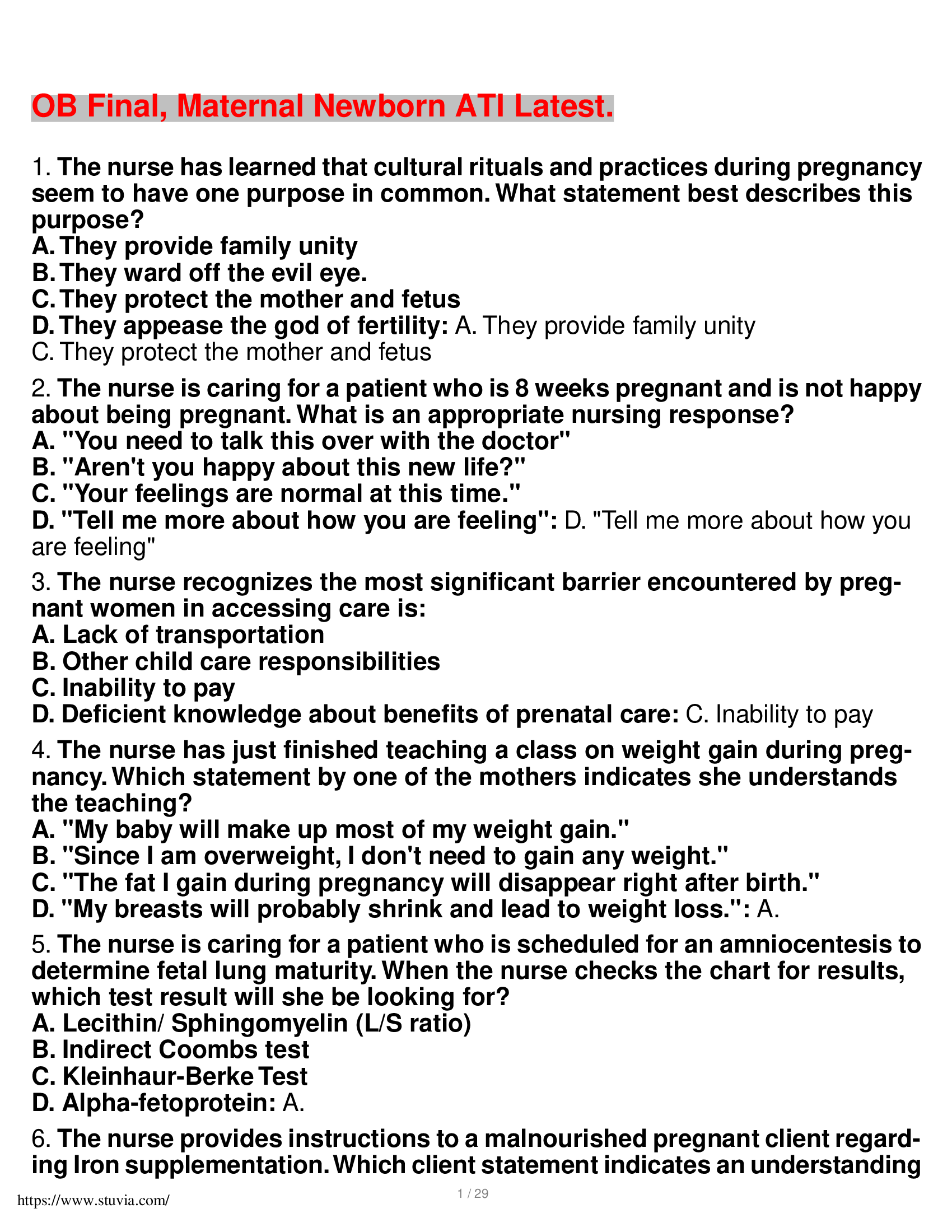 OB Final, Maternal Newborn ATI