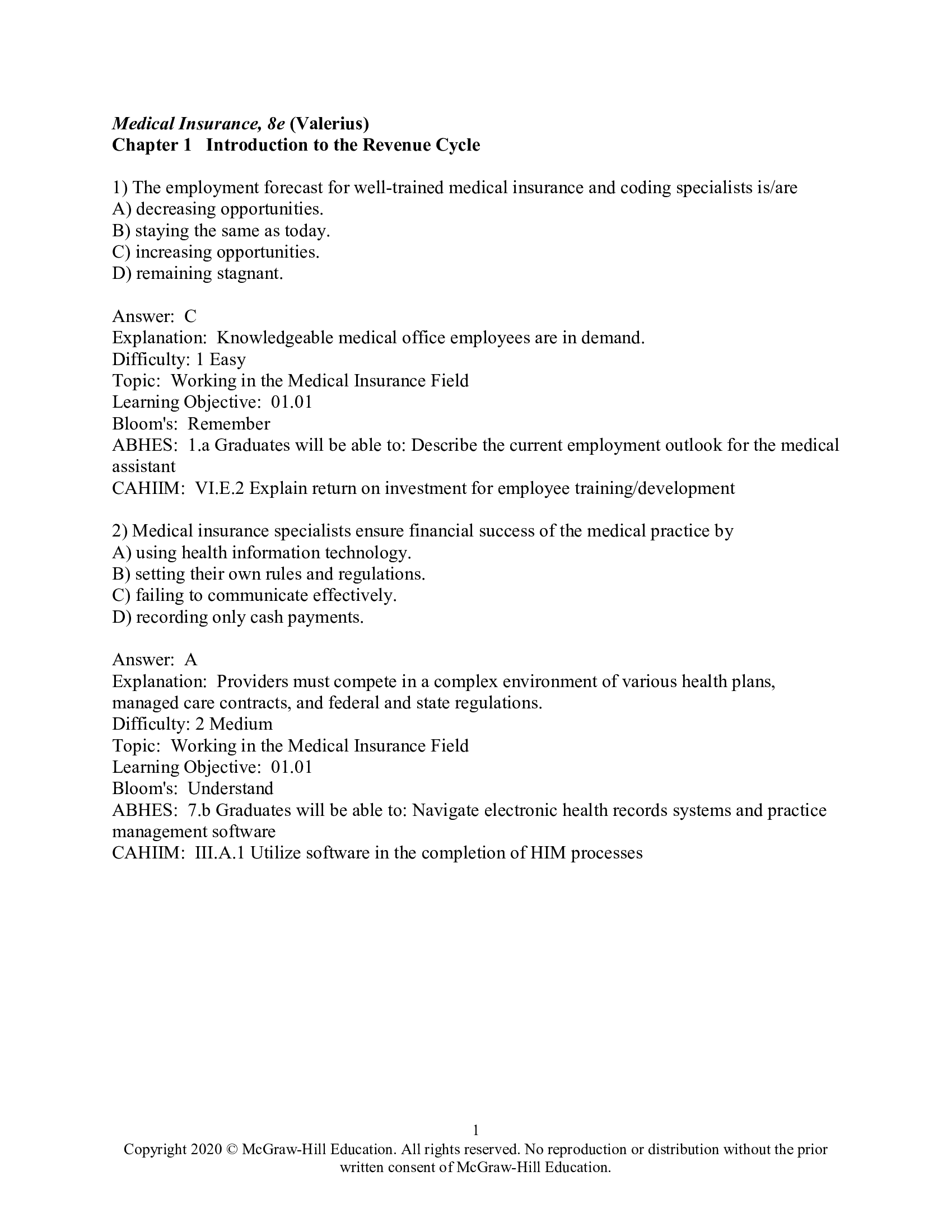Test Bank for Medical Insurance 8th Edition By Valerius