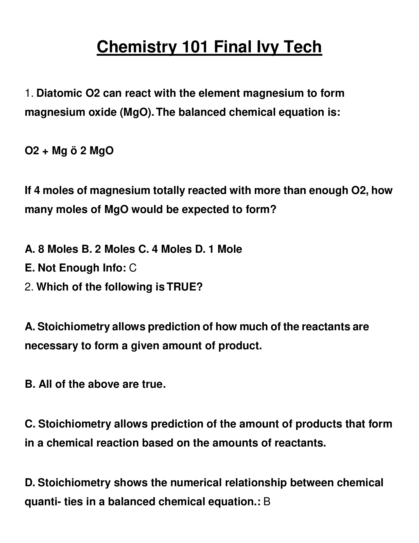 Ivy Tech Chemistry 101 Final Exam