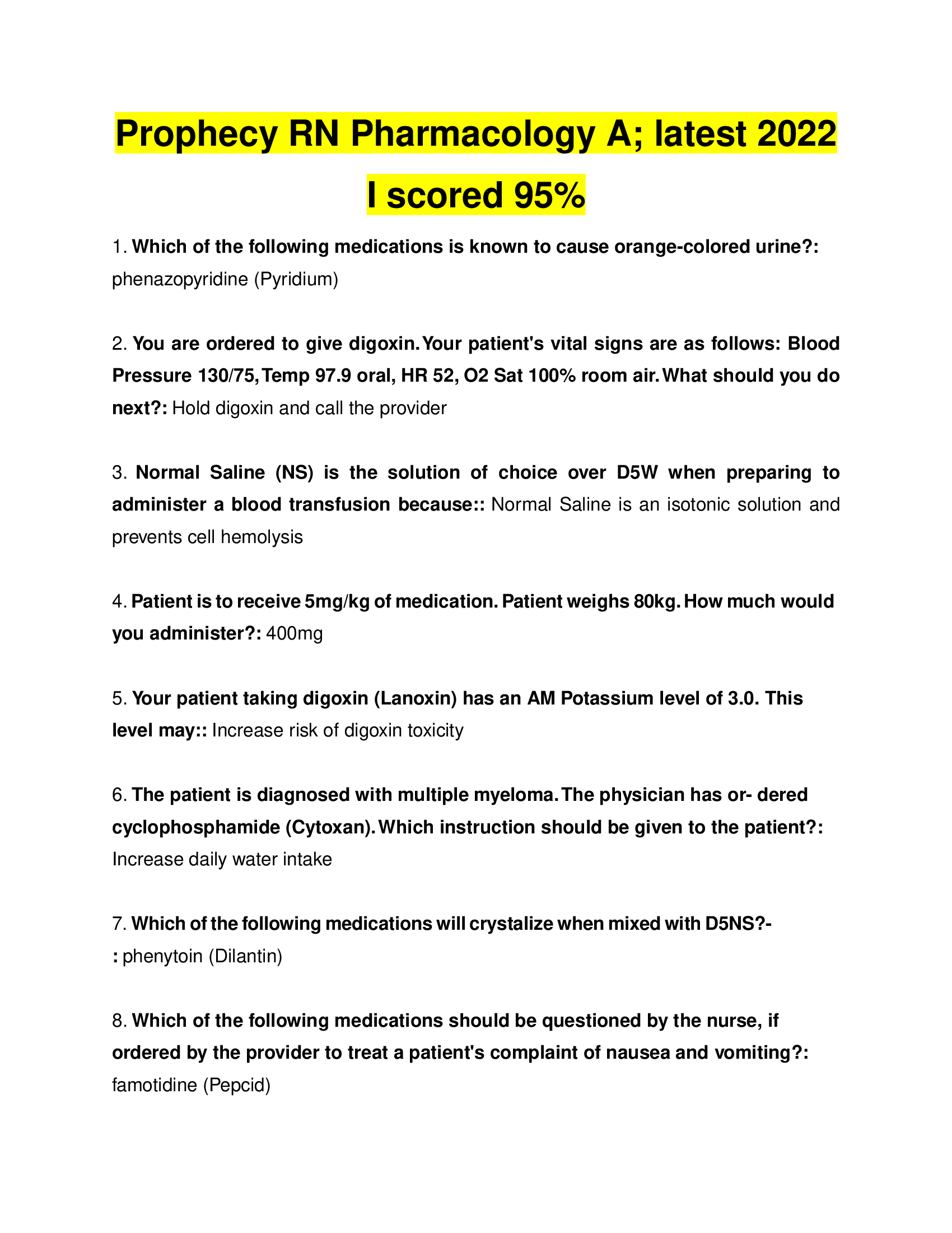 Prophecy RN Pharmacology A, latest 2022 I scored 95%