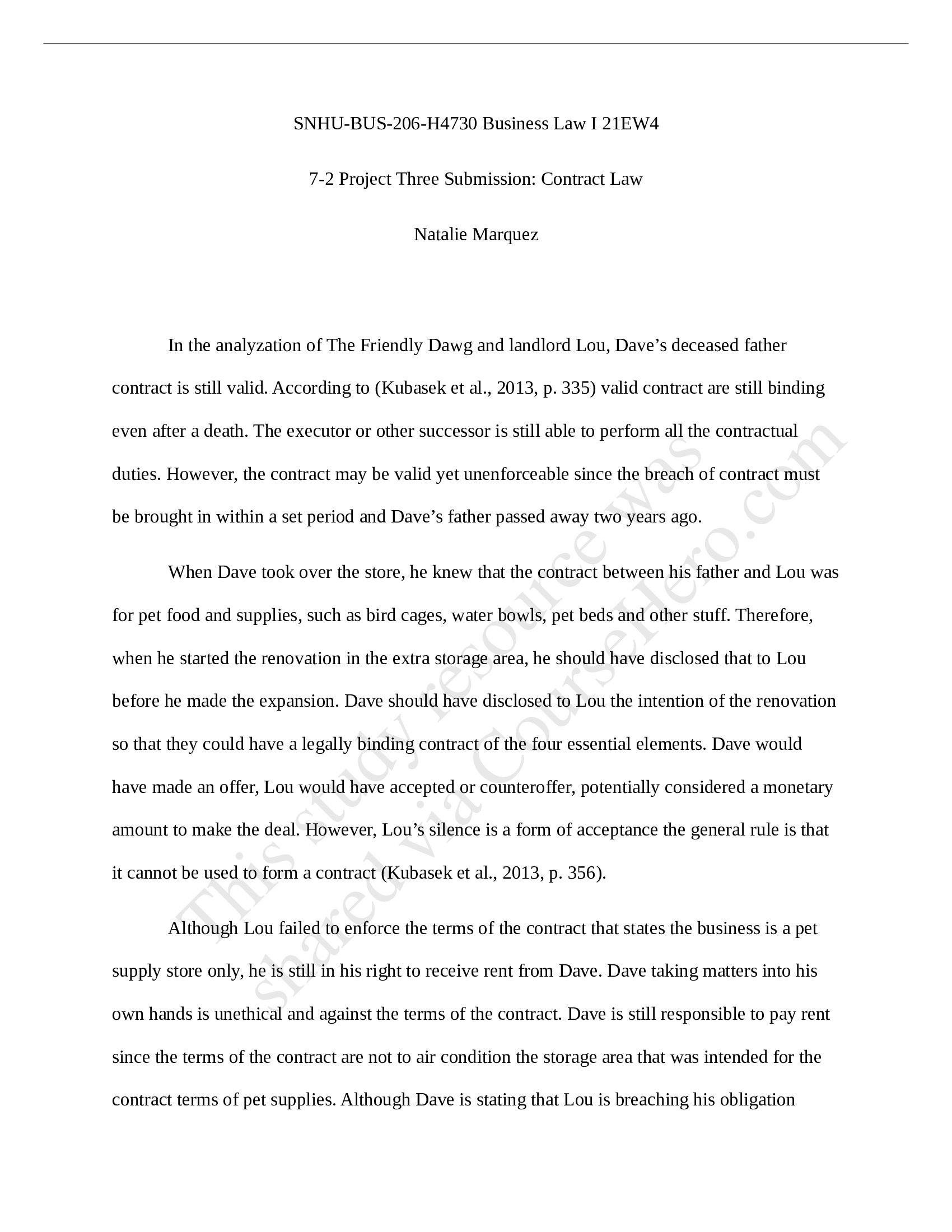 BUS-206-H4730 Business Law I 21EW4 7-2 Project Three Contract Law