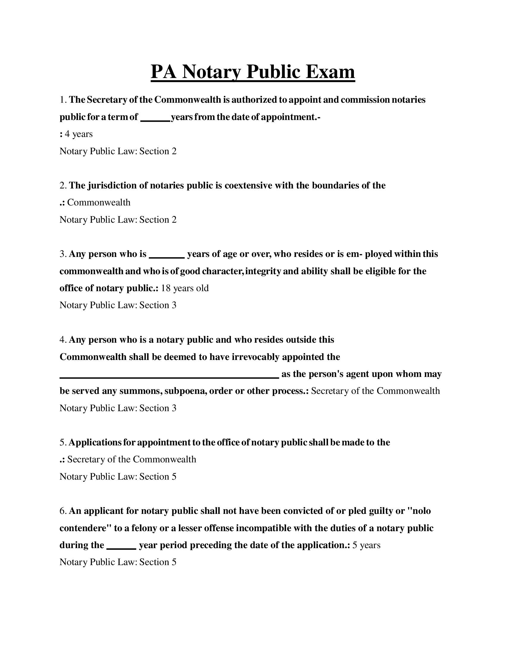 PA Notary Public Exam Questions and Answers