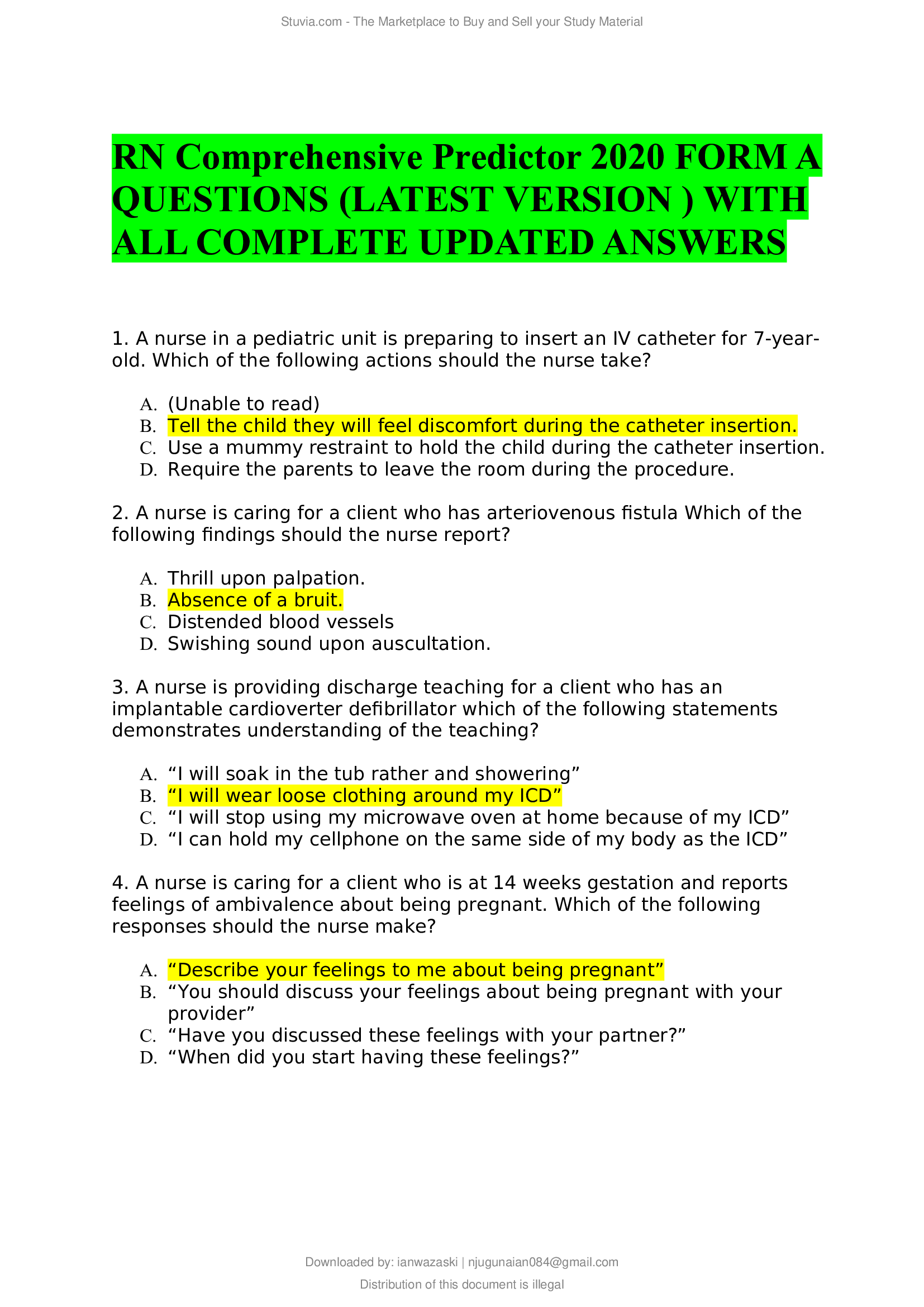 RN Comprehensive Predictor 2020 FORM A QUESTIONS (LATEST VERSION ) WITH ALL COMPLETE UPDATED ANSWERS