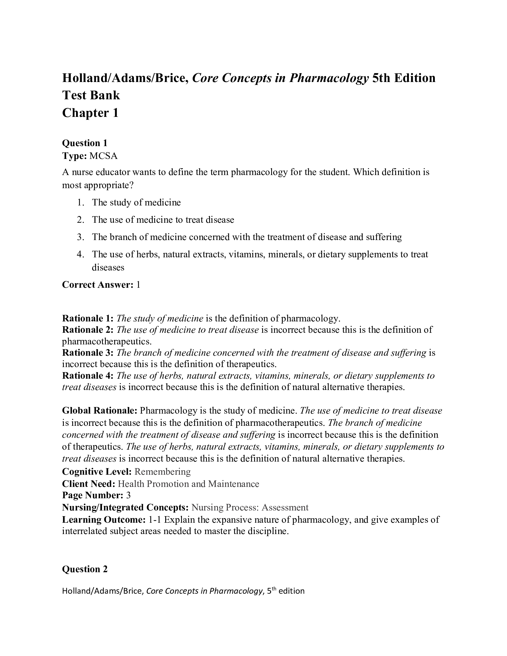 Test Bank – Core Concepts in Pharmacology, 5th Edition by Holland