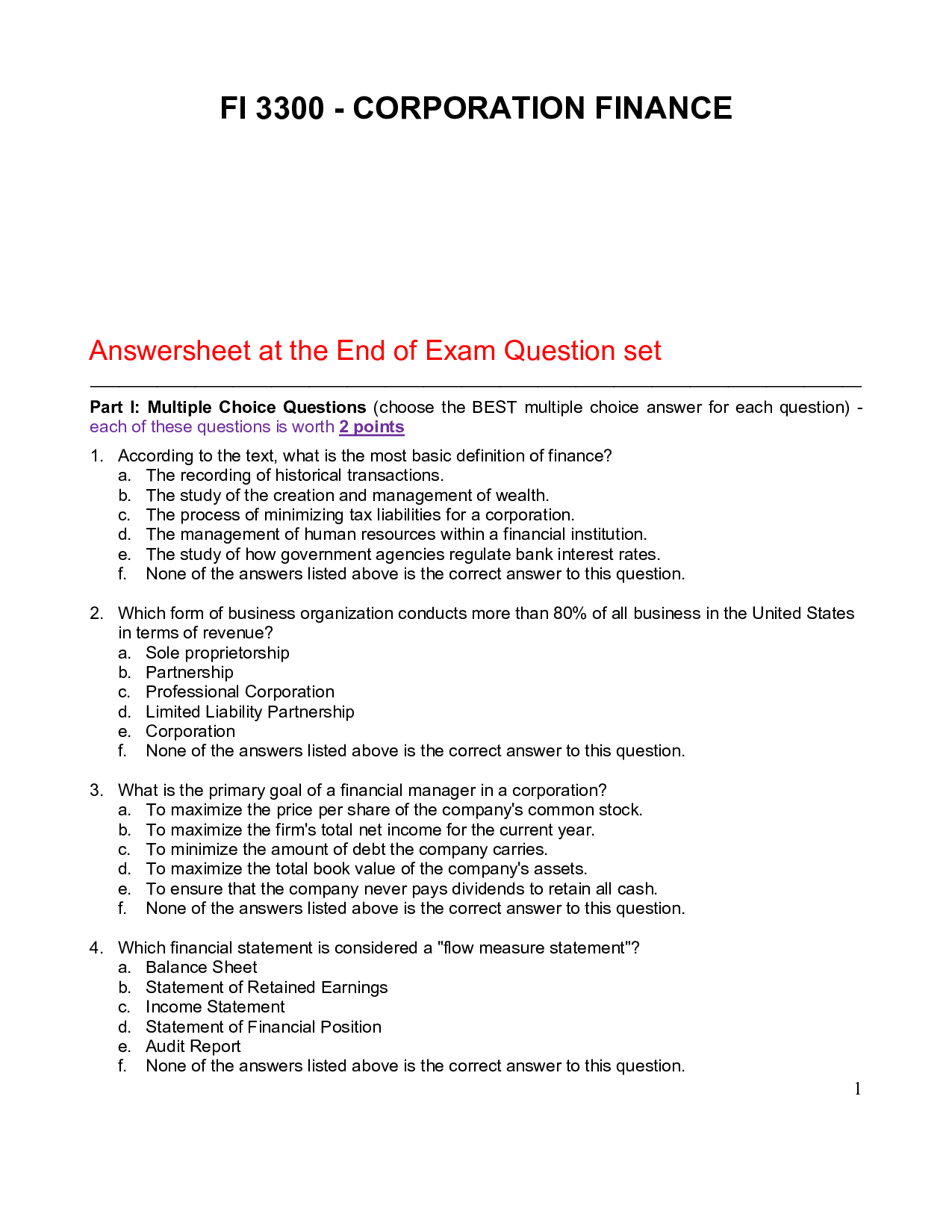 Finance (FI) - FI 3300 - Exam Corporation Finance 100% Verified Questions And Answers 2026