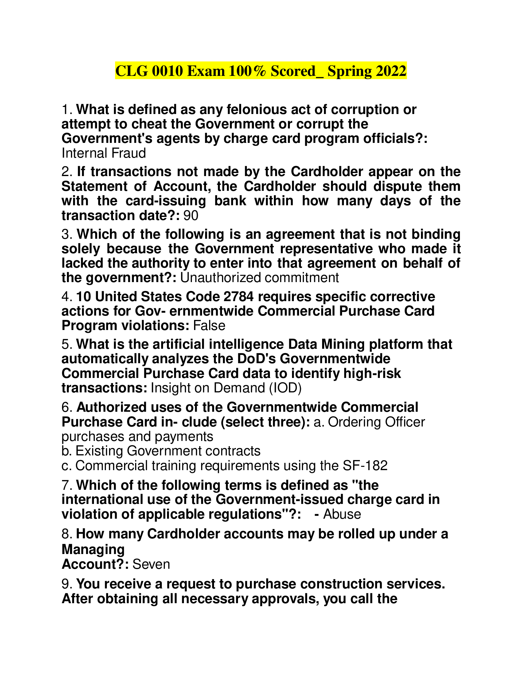 CLG 0010 Exam All Answers Correct_ Spring 2022