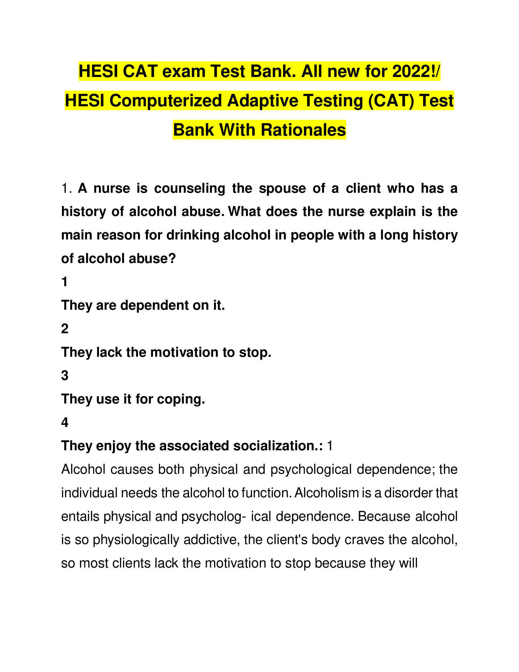 HESI Computerized Adaptive Testing (CAT) Test Bank With Rationales 2022