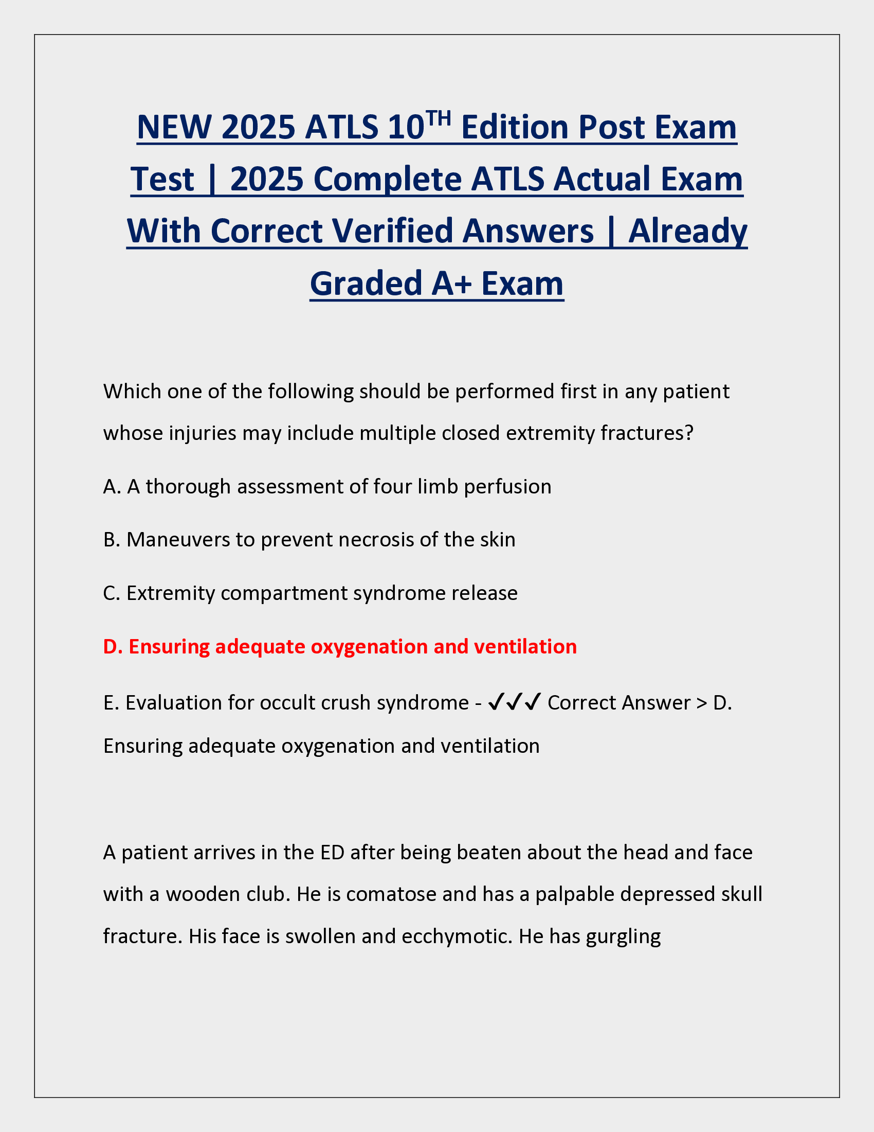 ATLS 10th Edition Post Exam 2026 – Complete Actual Exam with Verified Answers (Graded A+)