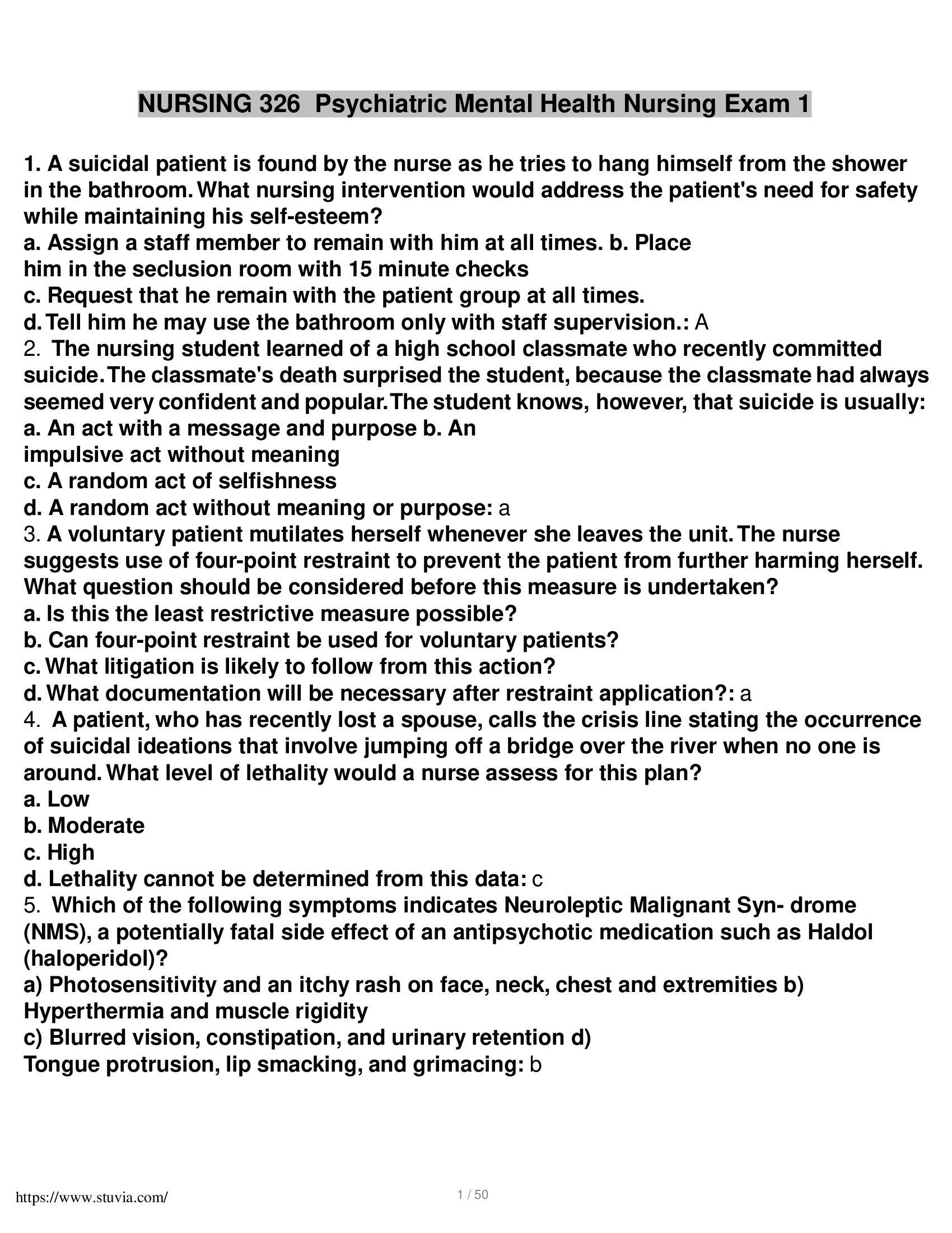 NURSING 326  Psychiatric Mental Health Nursing Exam 1