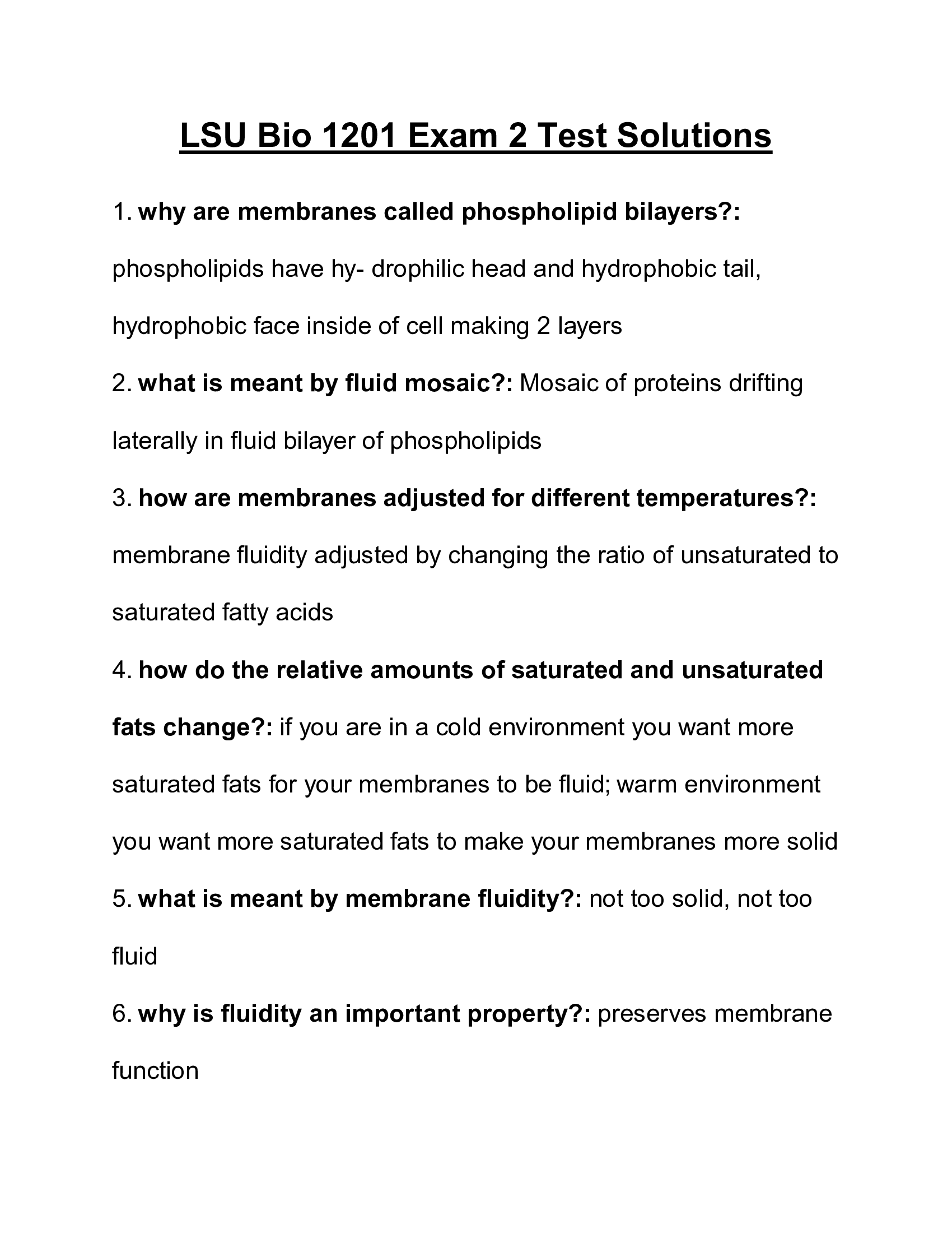 LSU Bio 1201 Exam 2 Test Solutions