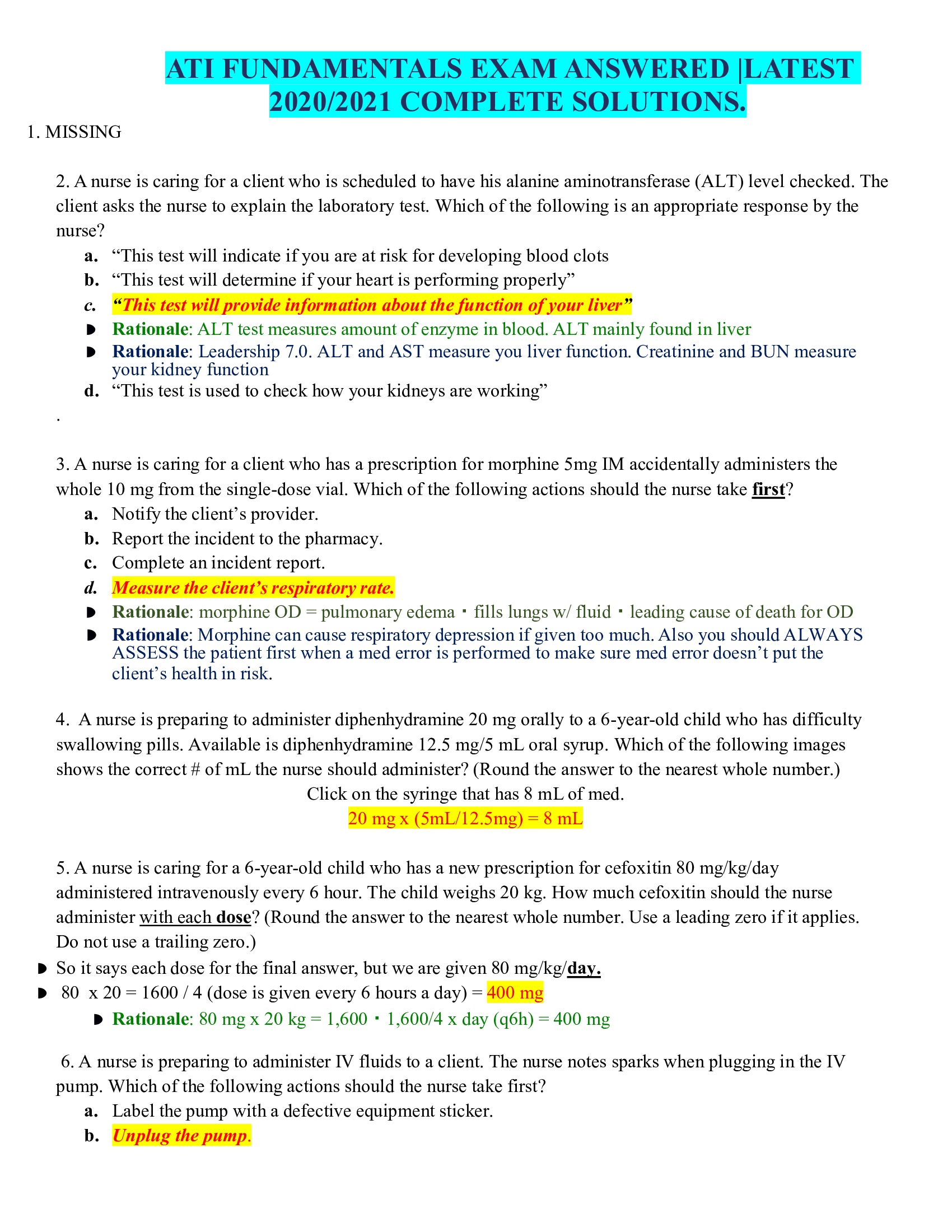 ATI FUNDAMENTALS EXAM ANSWERED LATEST 2020,,2021 COMPLETE SOLUTIONS.