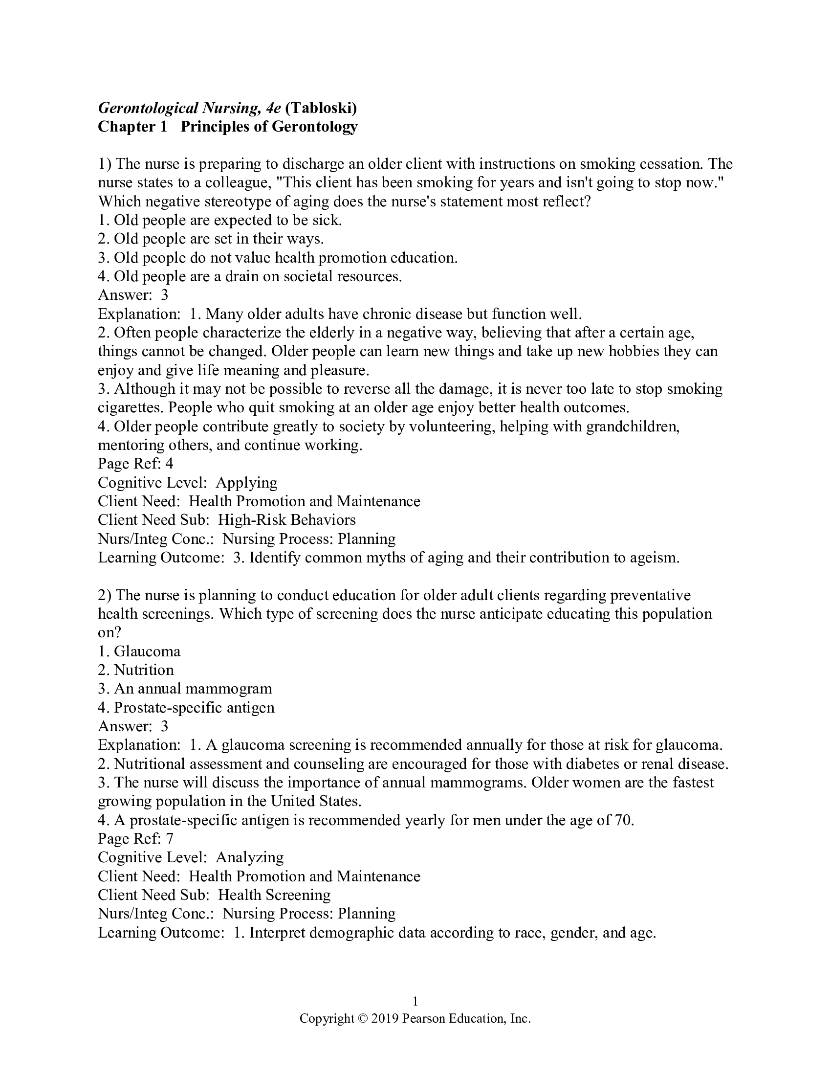 Test Bank for Gerontological Nursing 4th Edition by Tabloski