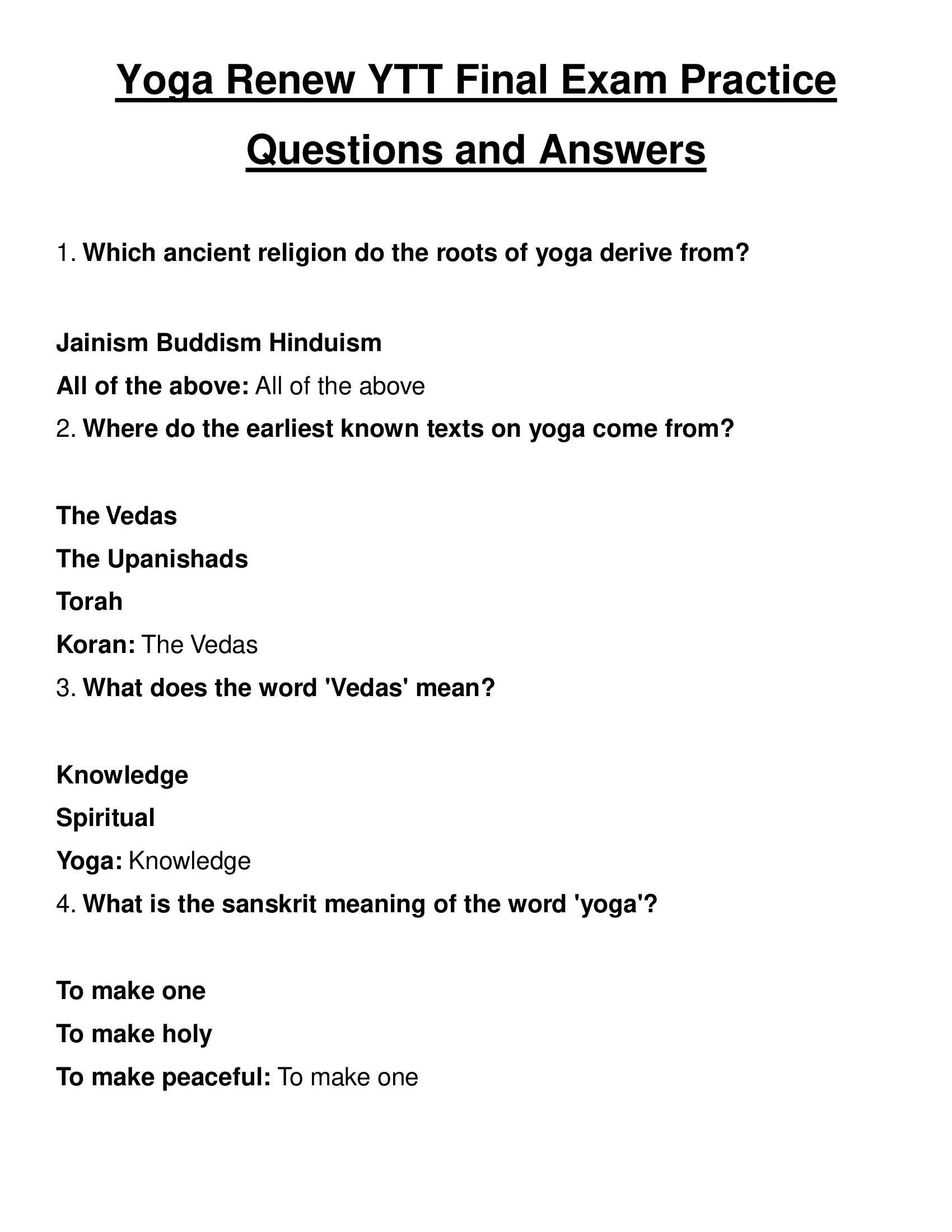 Yoga Renew YTT Final Exam Practice Questions and Answers 2023