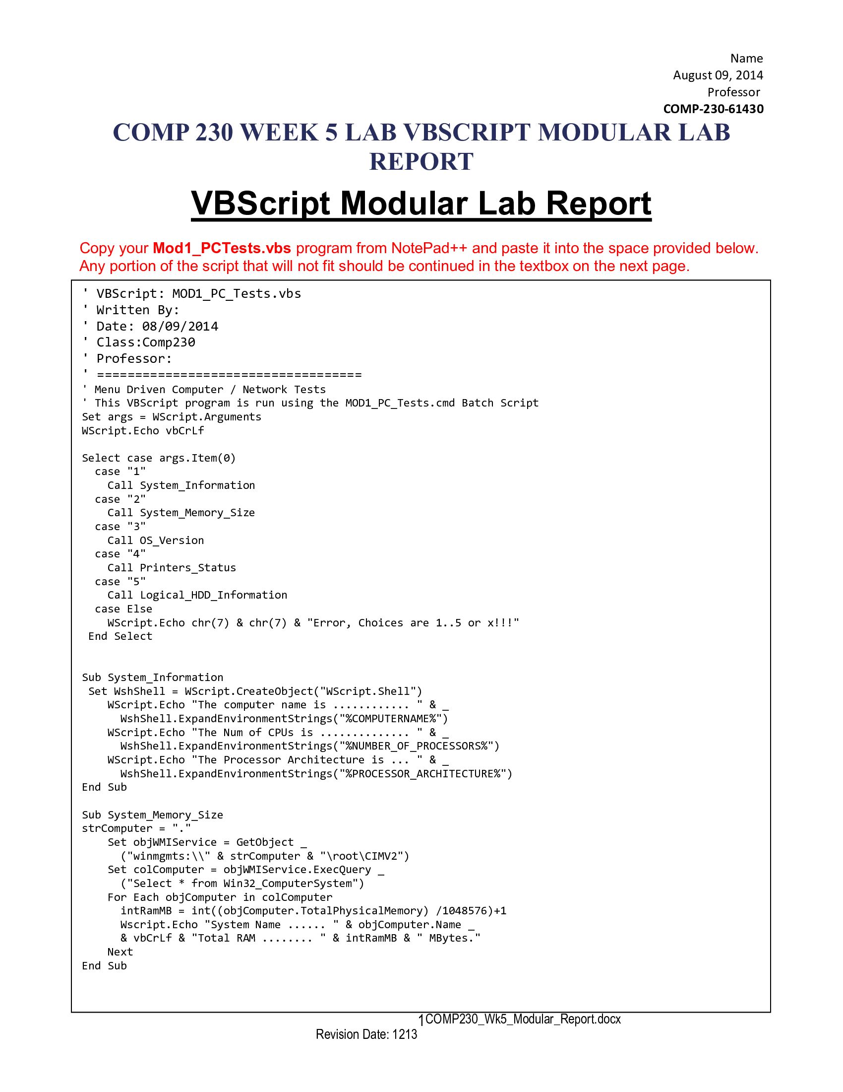 Comp 230 Week 5 Lab Vbscript Modular Lab Report