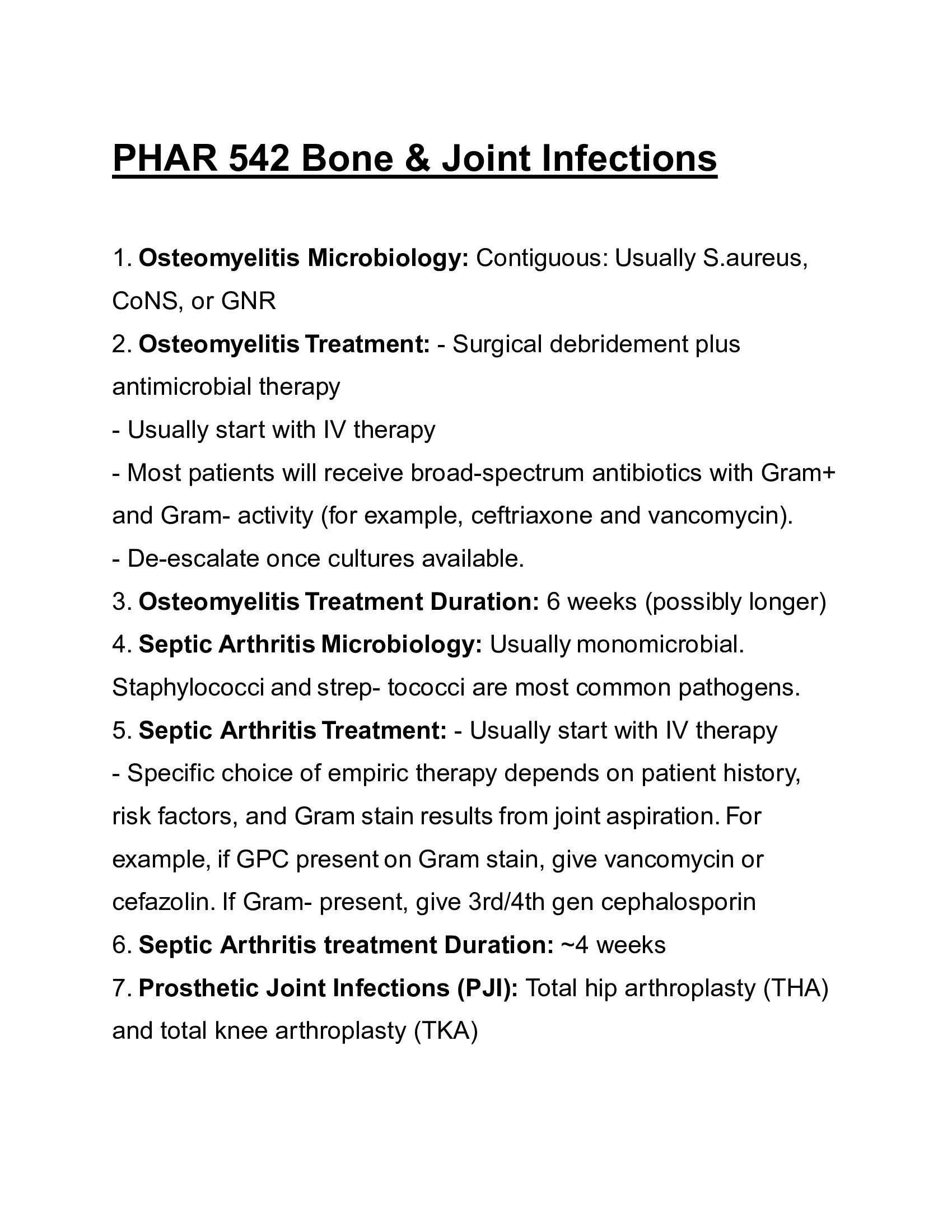PHAR 542 Bone & Joint Infections Pharmacotherapy and Clinical Management, 2026 Exam