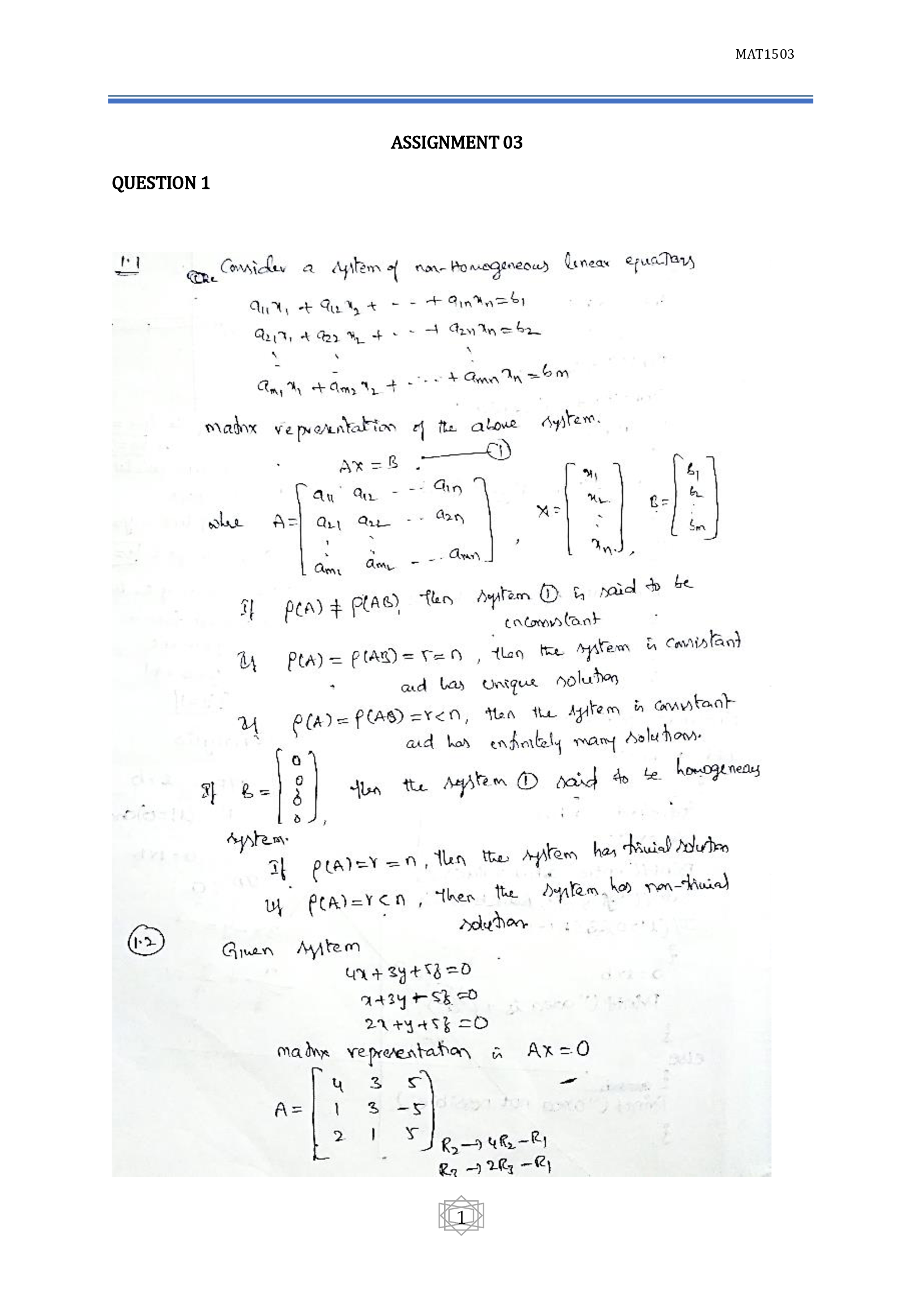 MAT1503 ASSIGNMENT 03 SOLUTIONS, SEMESTER 1, 2022