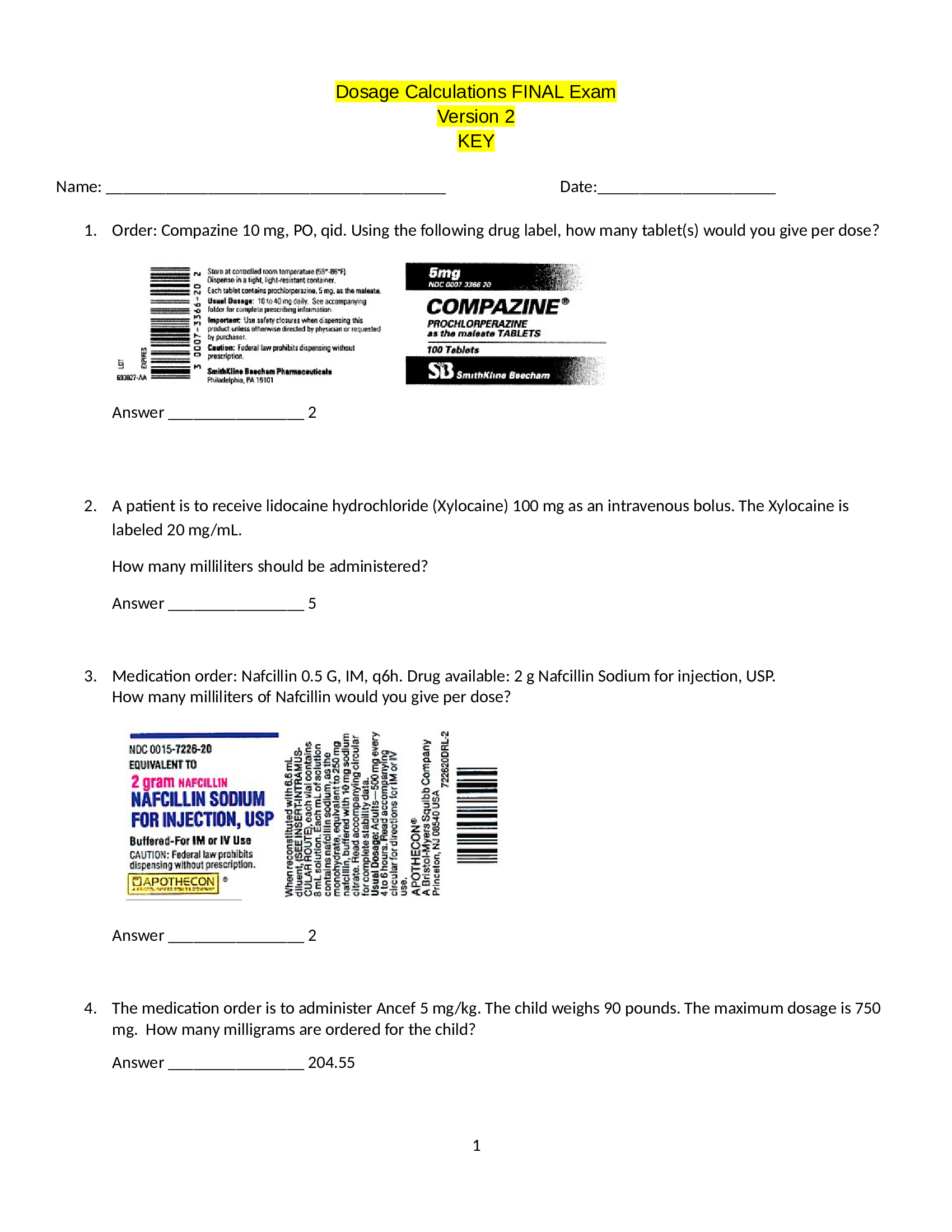 (Answer Key) Dosage Calculations FINAL Exam Version 2