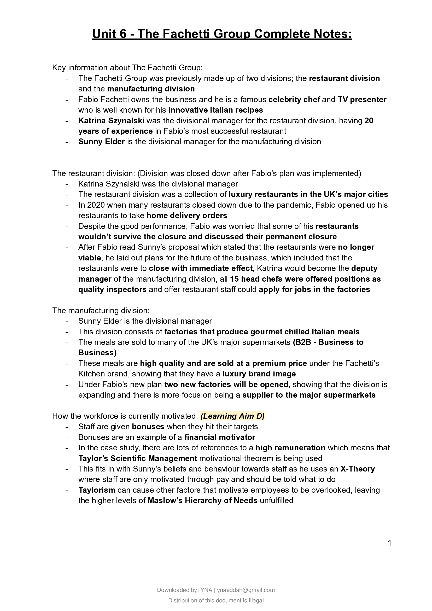 Unit 6 January 2022 COMPLETE NOTES (The Fachetti Group) Principles of Management