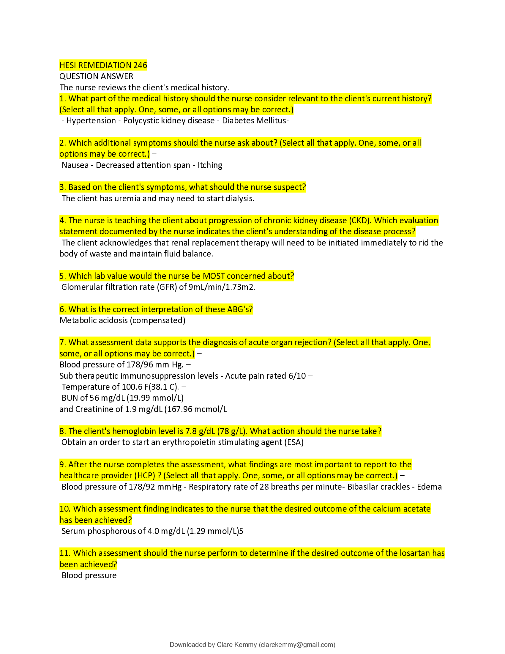 HESI 246 Practice Questions – Comprehensive Review for Kidney Disease, Dialysis, and Postoperative