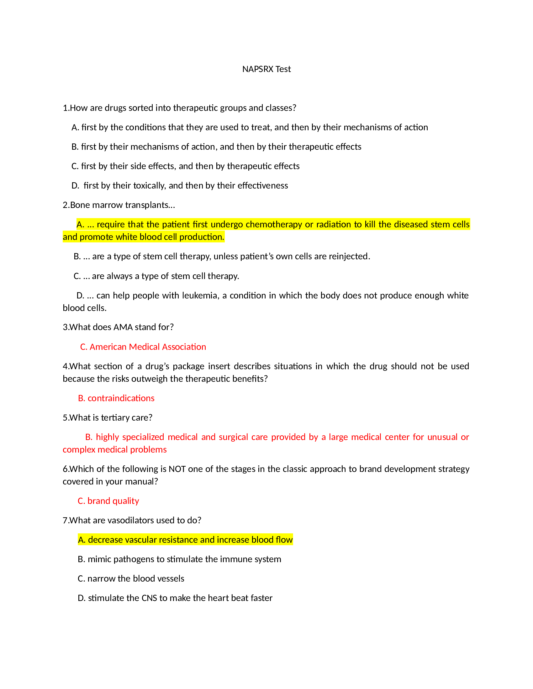 Answer key for 16th Edition CNPR Pharmaceutical Sales Reps Exam NAPSRx® Final Exam Quiz Solution