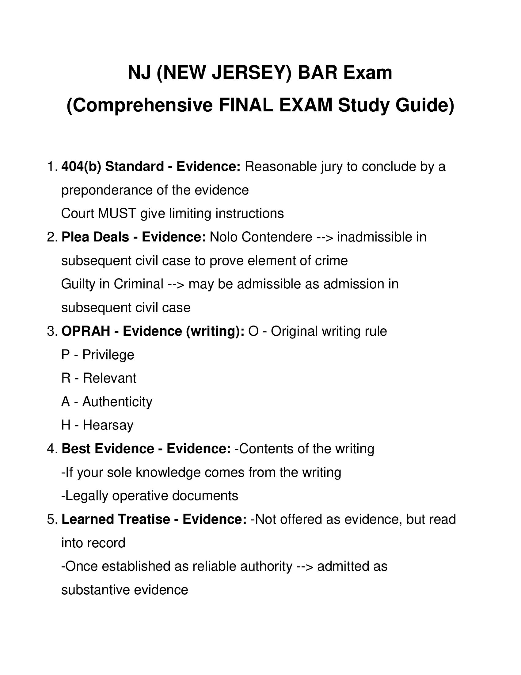 NJ (NEW JERSEY) BAR Exam (Comprehensive FINAL EXAM Study Guide)