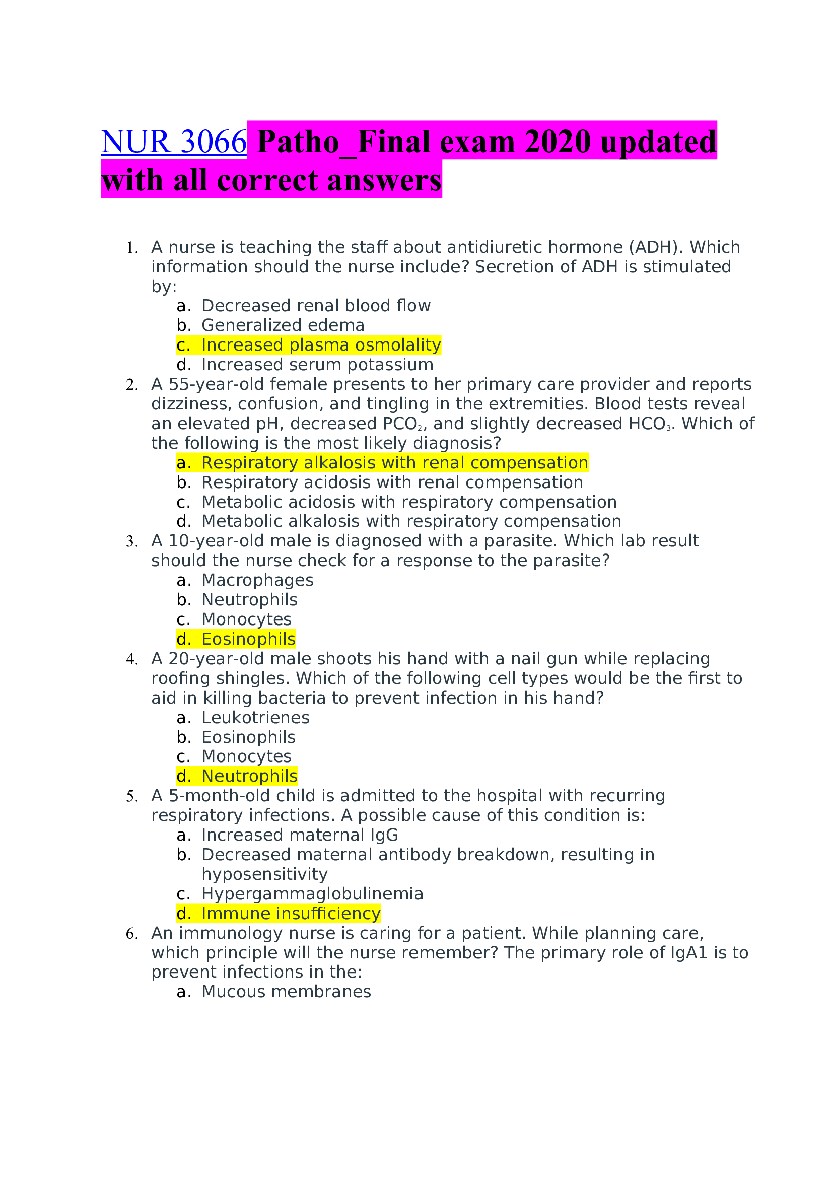 NUR 3066 Patho_Final exam 2020 updated with all correct answers