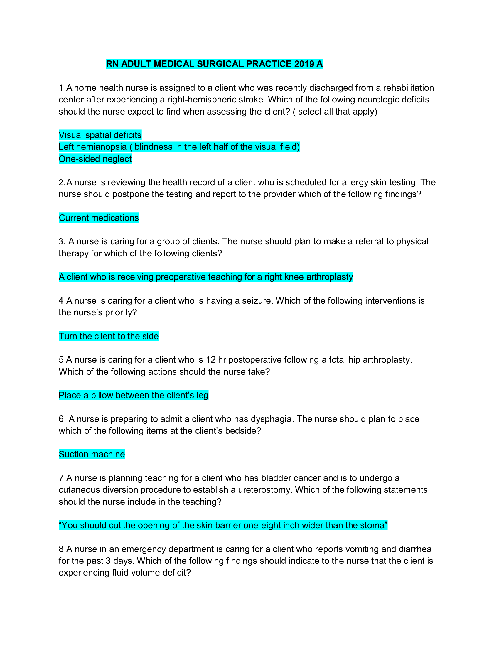 RN ADULT MEDICAL SURGICAL PRACTICE 2019 A