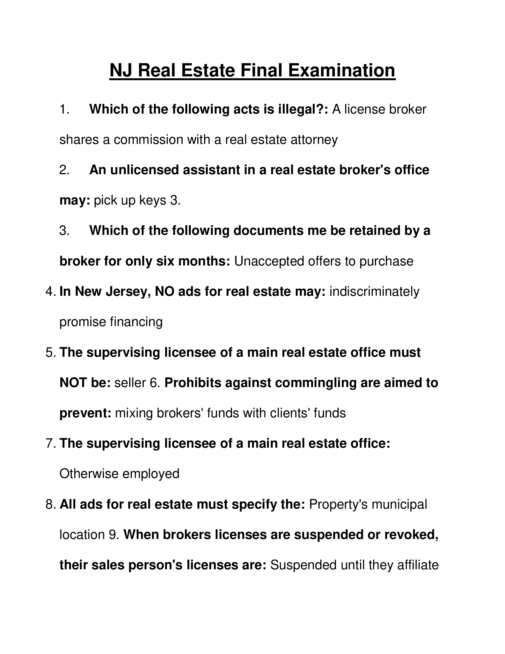 NJ Real Estate Final Examination For 2023 (Answered)