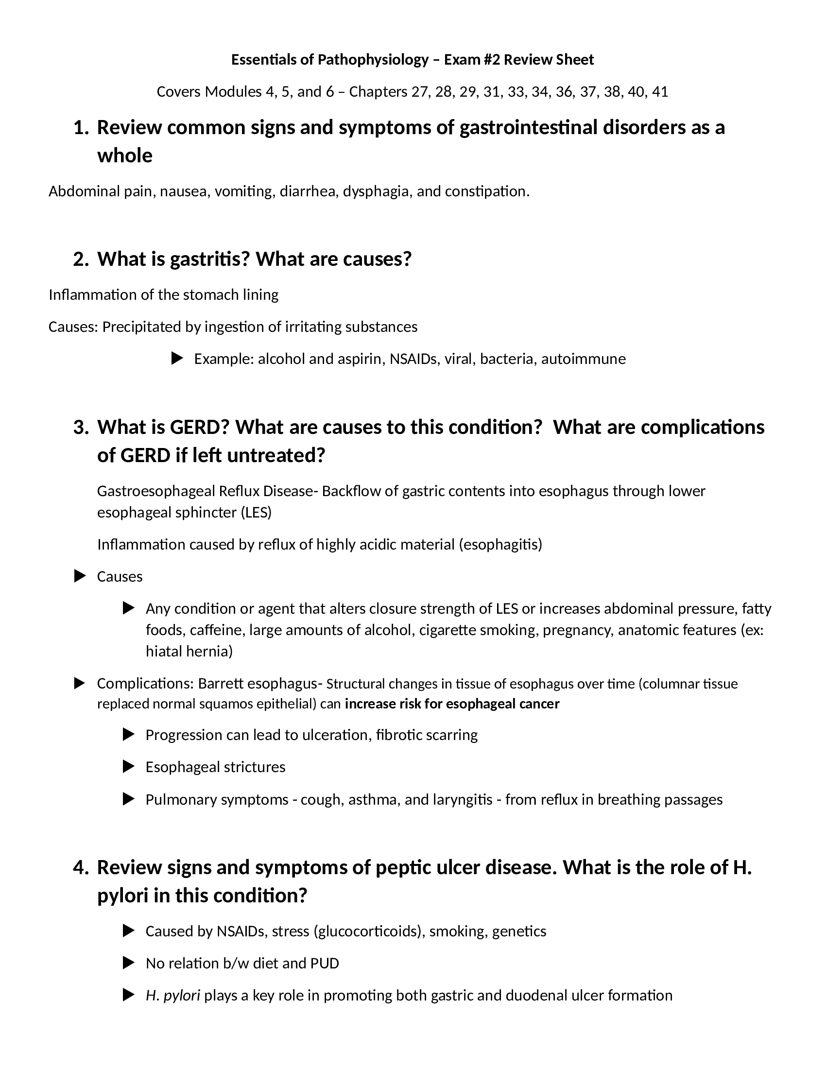 NUR 2063, NUR2063, Essentials of Pathophysiology Exam 2 Review Sheet