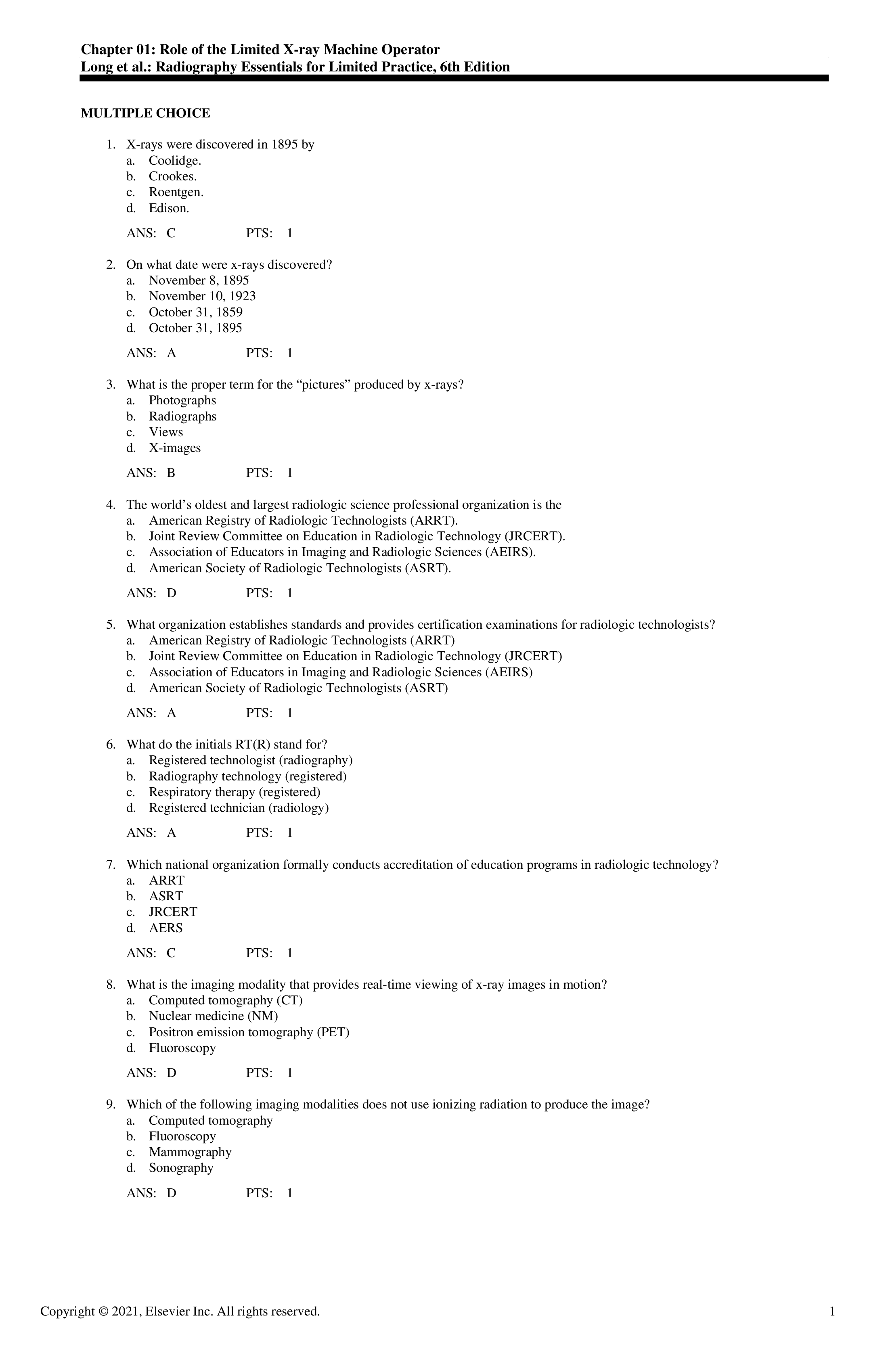 Test Bank for Radiography Essentials for Limited Practice 6th Edition by Long