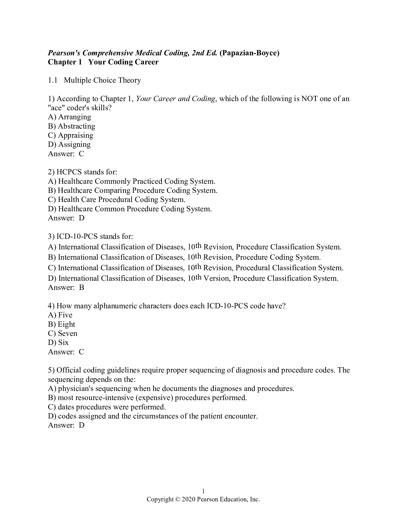 Test Bank for Comprehensive Medical Coding 2nd Edition by Papazian Boyce